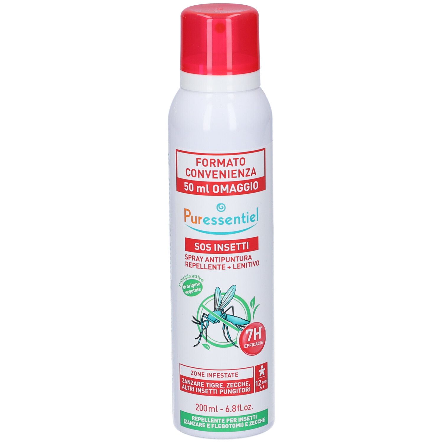 Weißes Spray mit rotem Deckel. Aufschrift: Puressentiel SOS Insetti. Enthält 200ml. Abbildung einer Mücke.