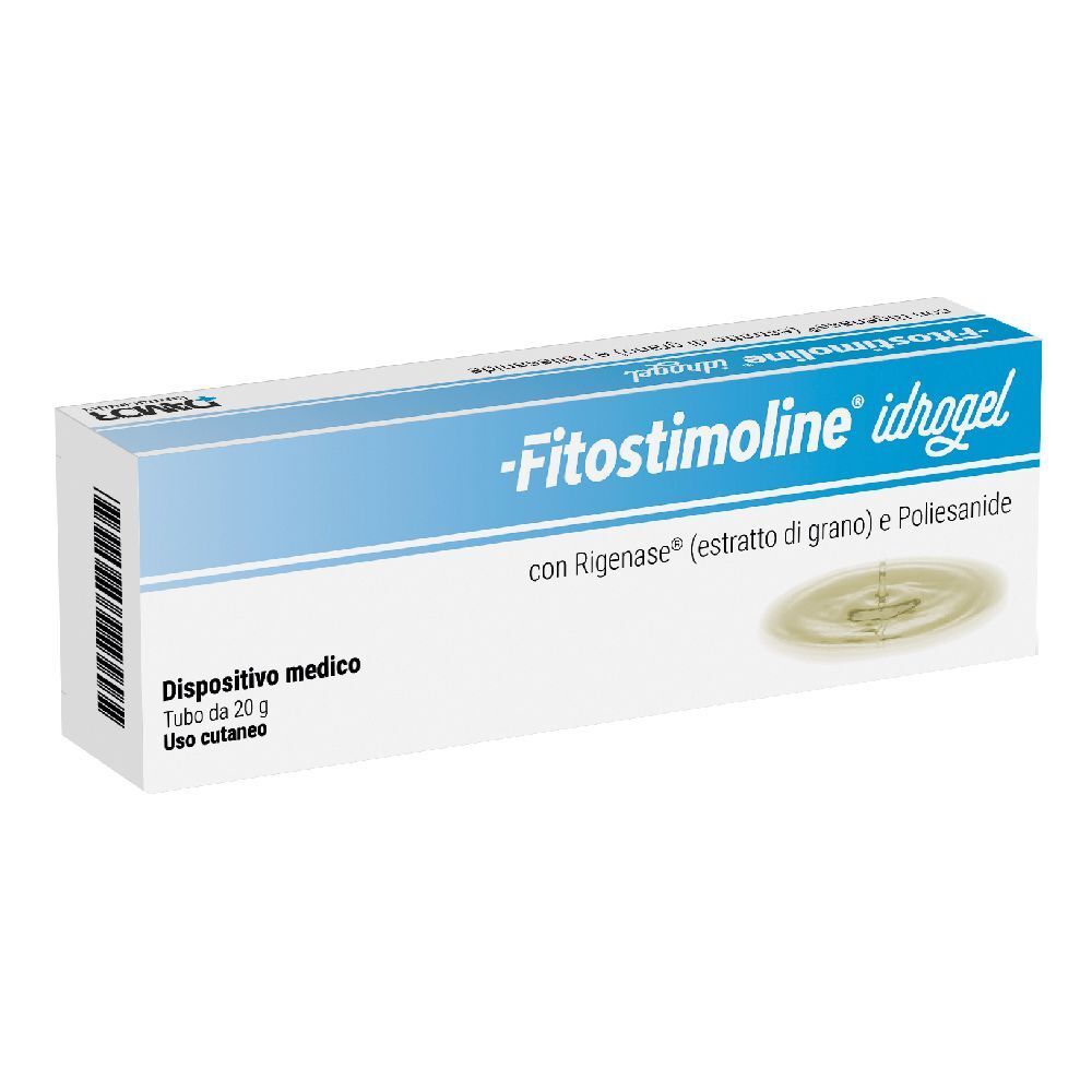 Scatola bianca con fascia blu e nome del prodotto. Testo: Fitosstimoline idrogel, con Rigenase, dispositivo medico, tubo da 20 g.