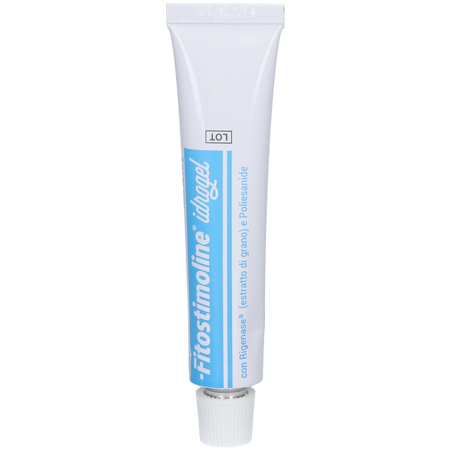 Tubo bianco con fascia blu e nome del prodotto. Testo: Fitosstimoline idrogel, con Rigenase. Con tappo a vite bianco.