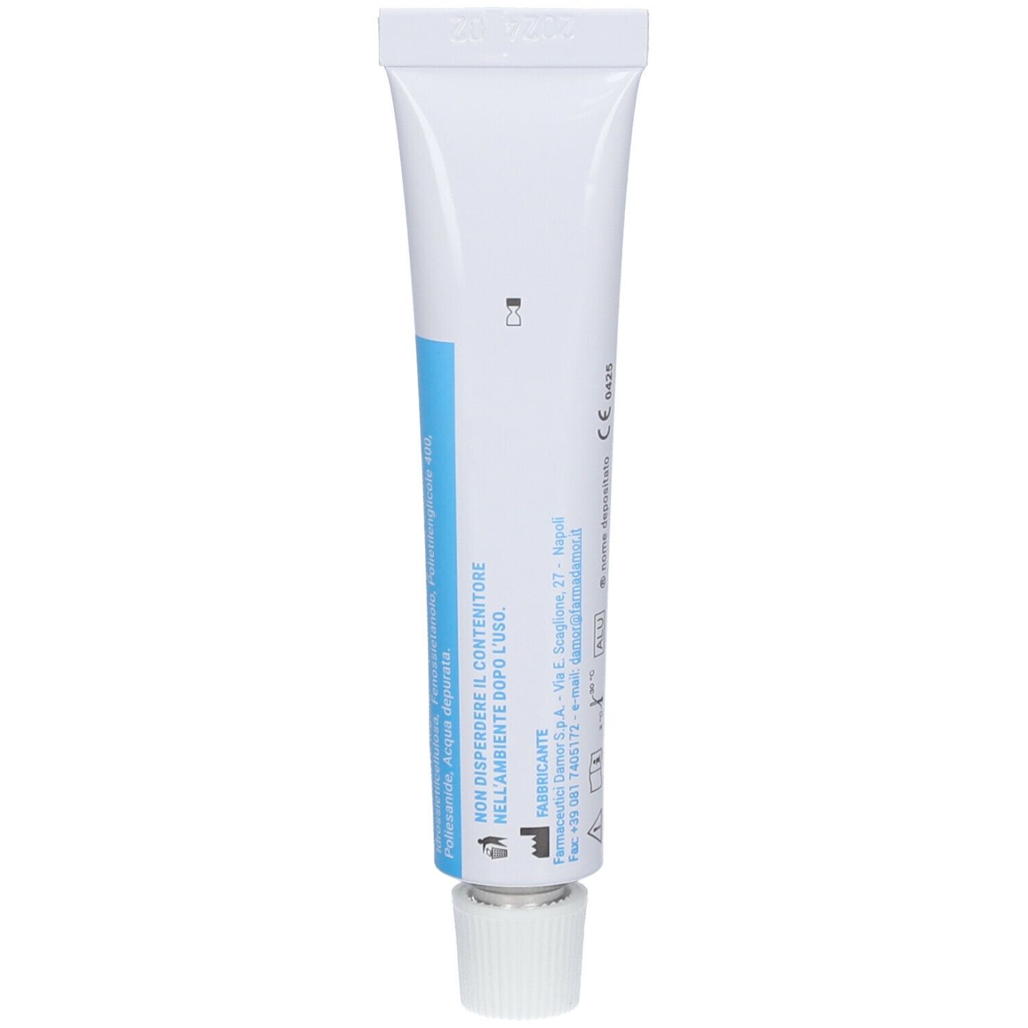 Retro di un tubo bianco. Testo: Fitosstimoline idrogel, con Rigenase. Con informazioni e marchio CE.