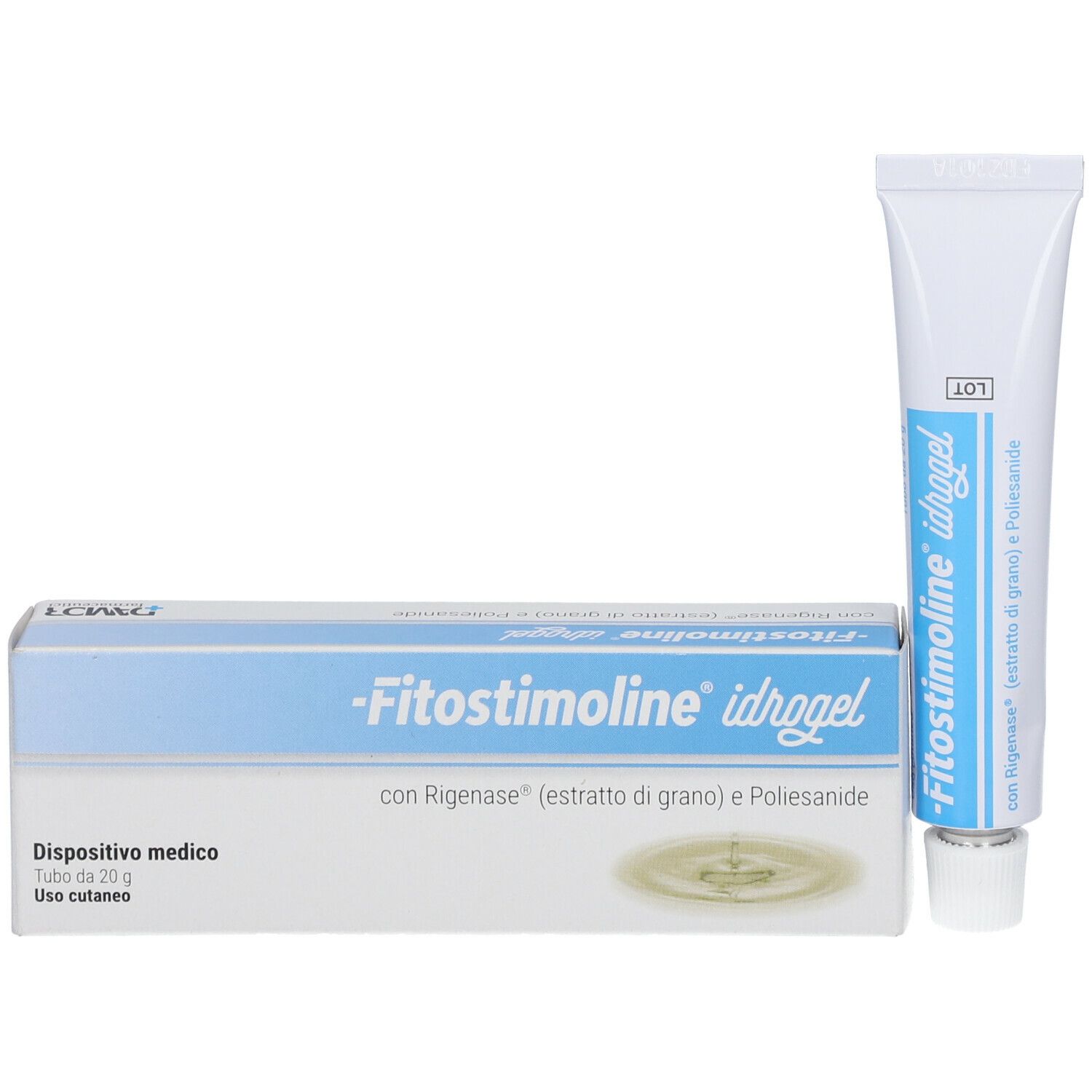 Confezione e tubo del prodotto. Testo: Fitosstimoline idrogel, con Rigenase, dispositivo medico, tubo da 20 g. Tubo con tappo a vite.