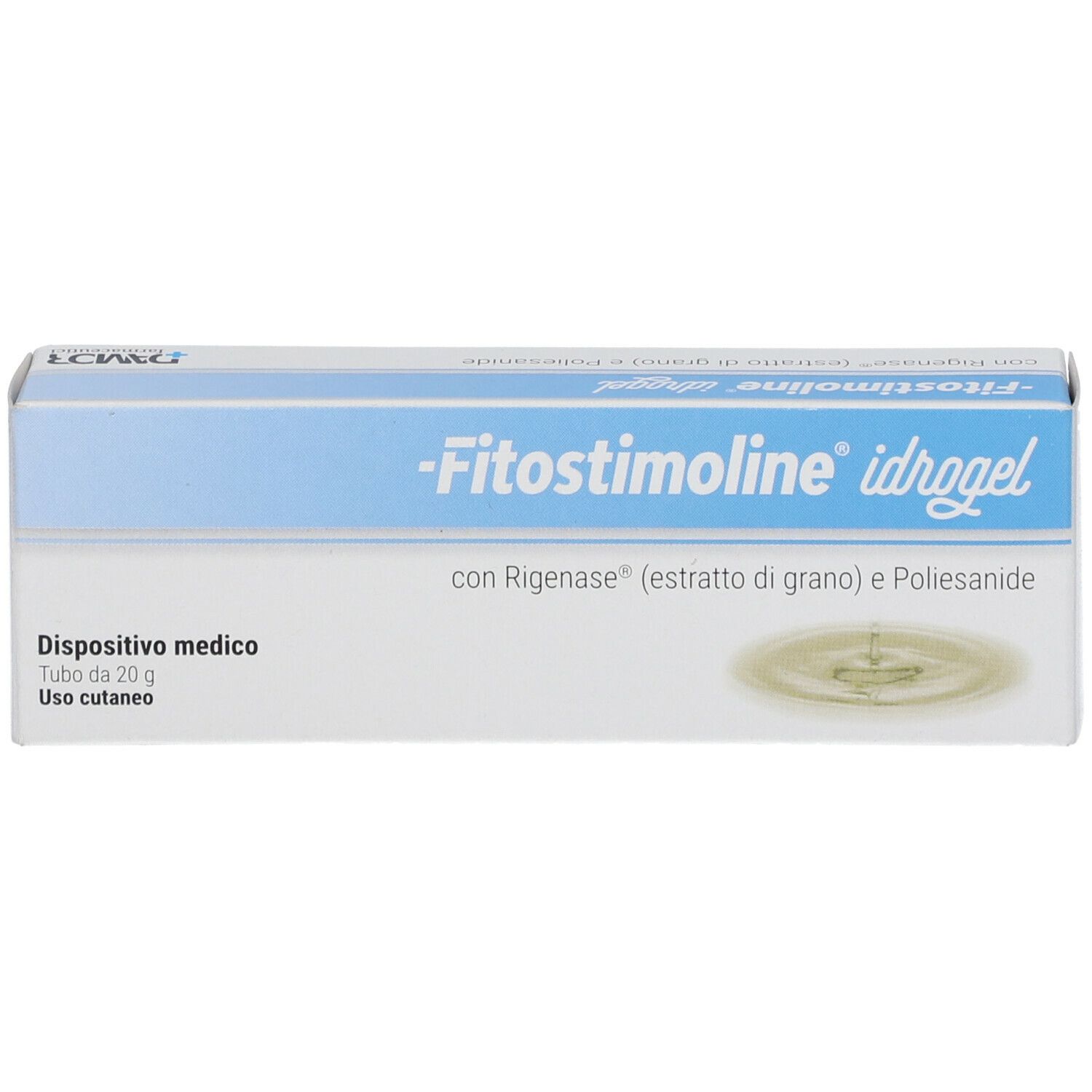 Scatola bianca con fascia blu e nome del prodotto. Testo: Fitosstimoline idrogel, con Rigenase, dispositivo medico, tubo da 20 g.