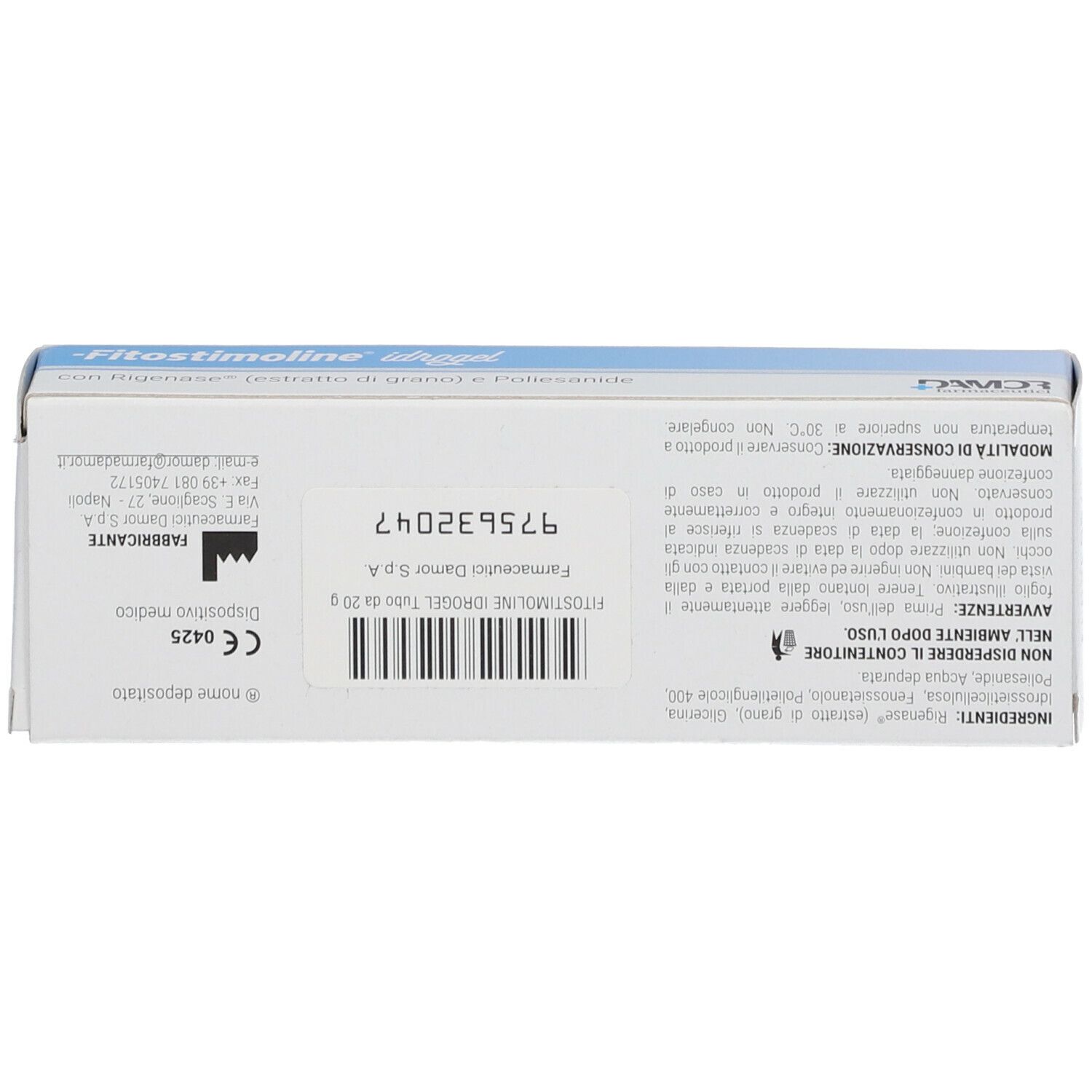 Fondo della confezione del prodotto. Testo: Fitosstimoline idrogel, con Rigenase. Informazioni sul prodotto e ingredienti.