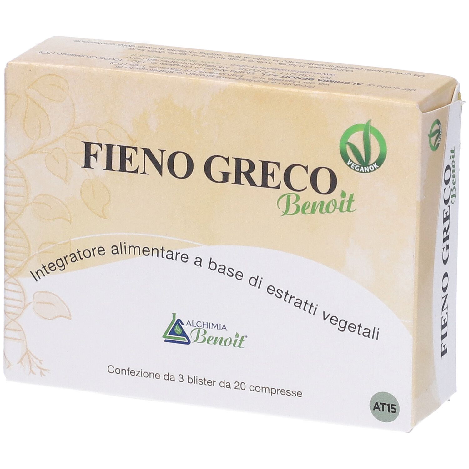 Scatola 'Fieno Greco Benoit'. Logo vegan. Compresse a base di estratti vegetali. Sfondo bianco.