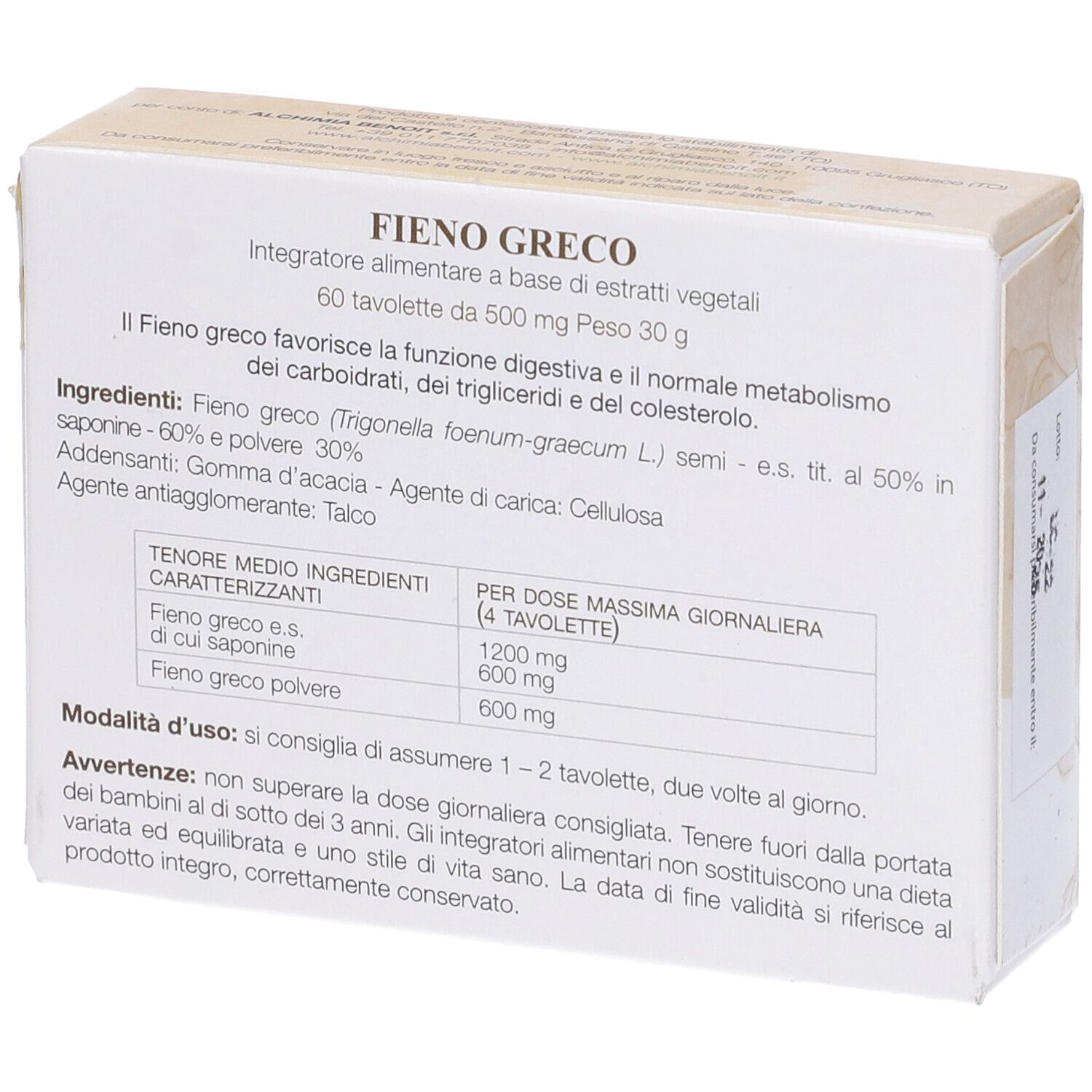 Scatola 'Fieno Greco'. Retro con ingredienti e informazioni nutrizionali. 60 compresse.