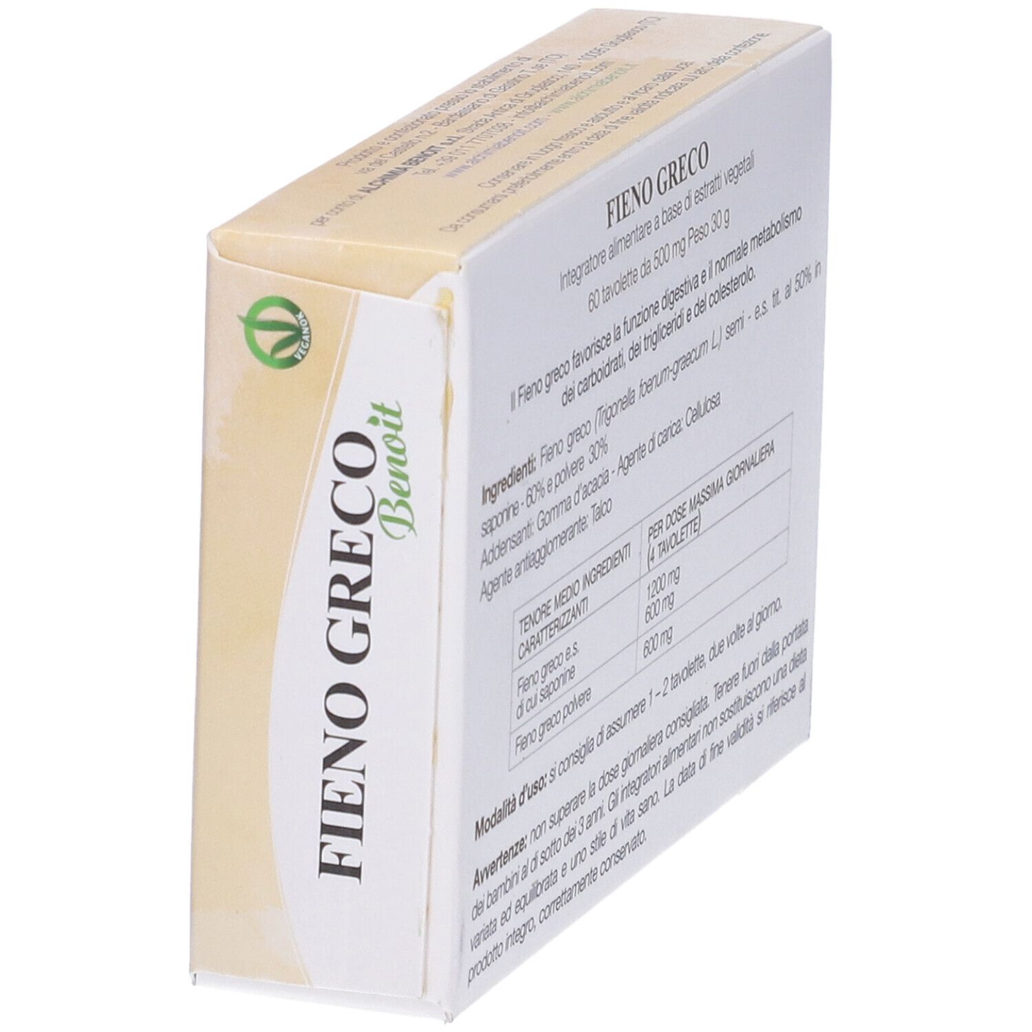 Scatola 'Fieno Greco Benoit'. Logo vegan. Compresse a base di estratti vegetali. Vista laterale.