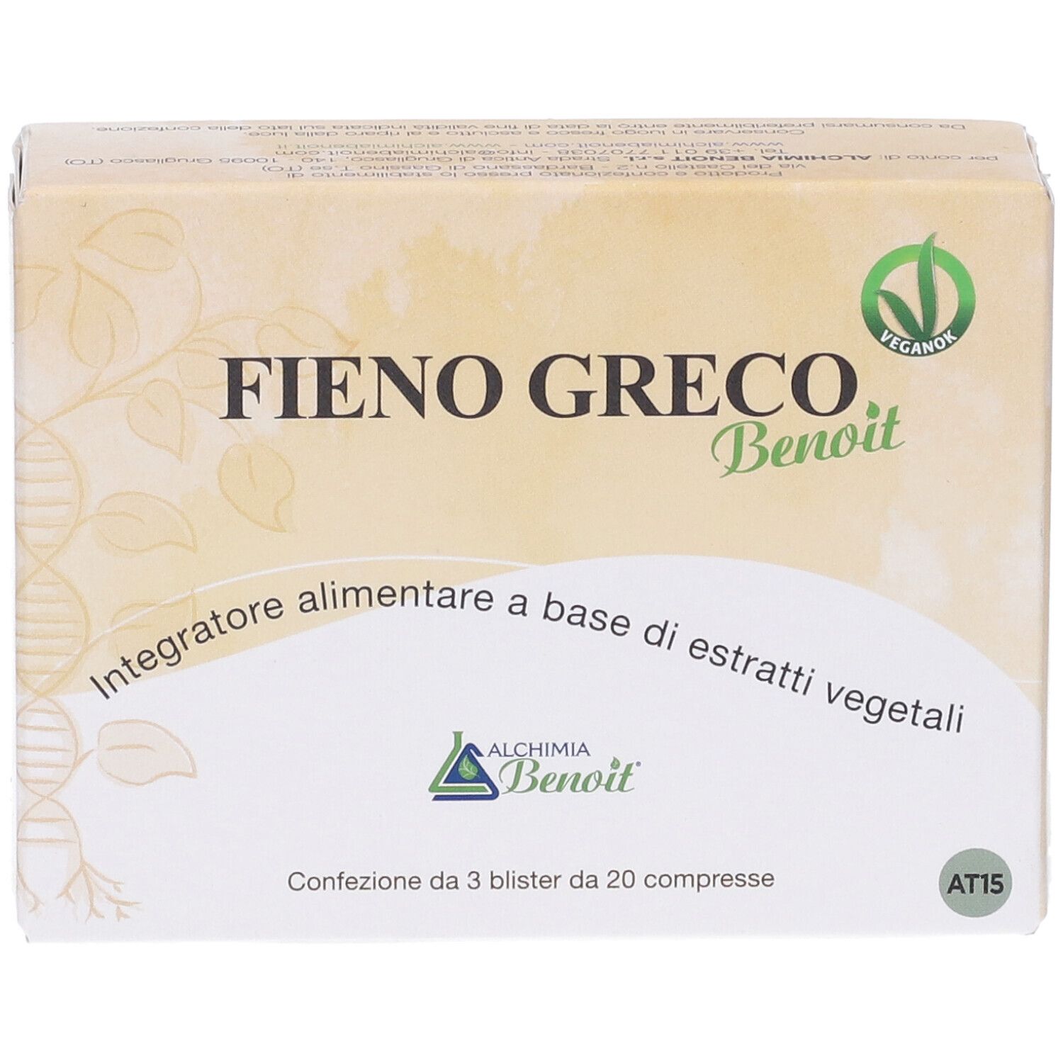 Scatola 'Fieno Greco Benoit'. Logo vegan. Compresse a base di estratti vegetali.
