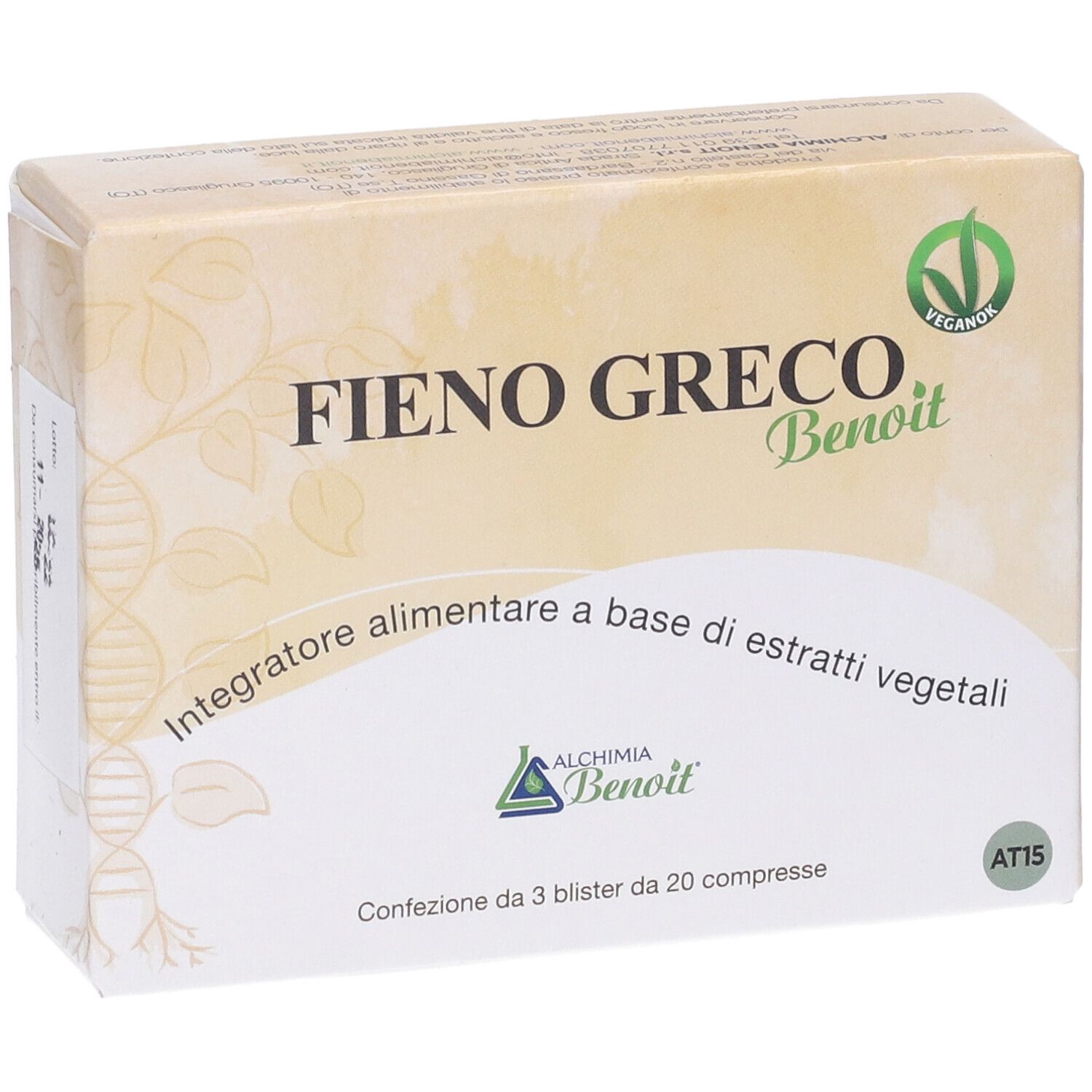 Scatola 'Fieno Greco Benoit'. Logo vegan. Compresse a base di estratti vegetali.