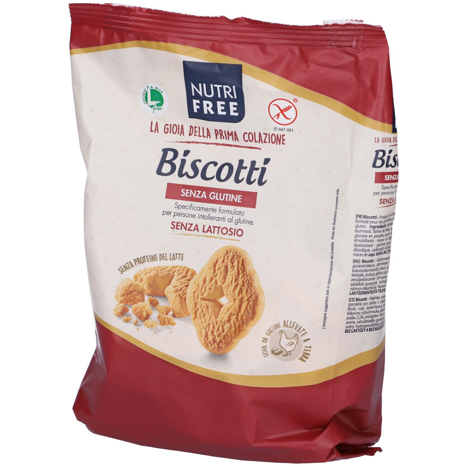 Confezione di "Nutrifree Biscotti". Senza glutine, senza lattosio. Biscotti raffigurati.