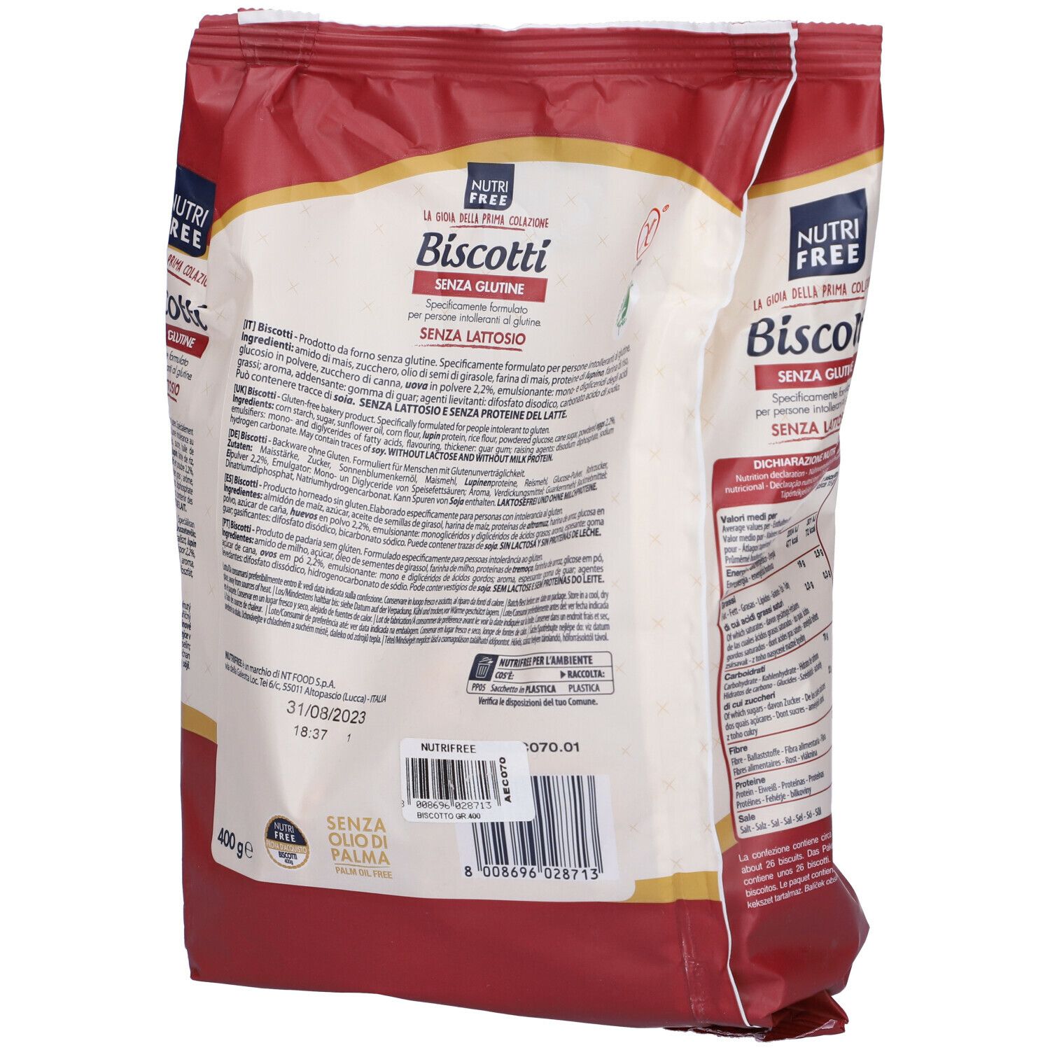 Retro della confezione "Nutrifree Biscotti". Informazioni testuali, ingredienti, valori nutrizionali.