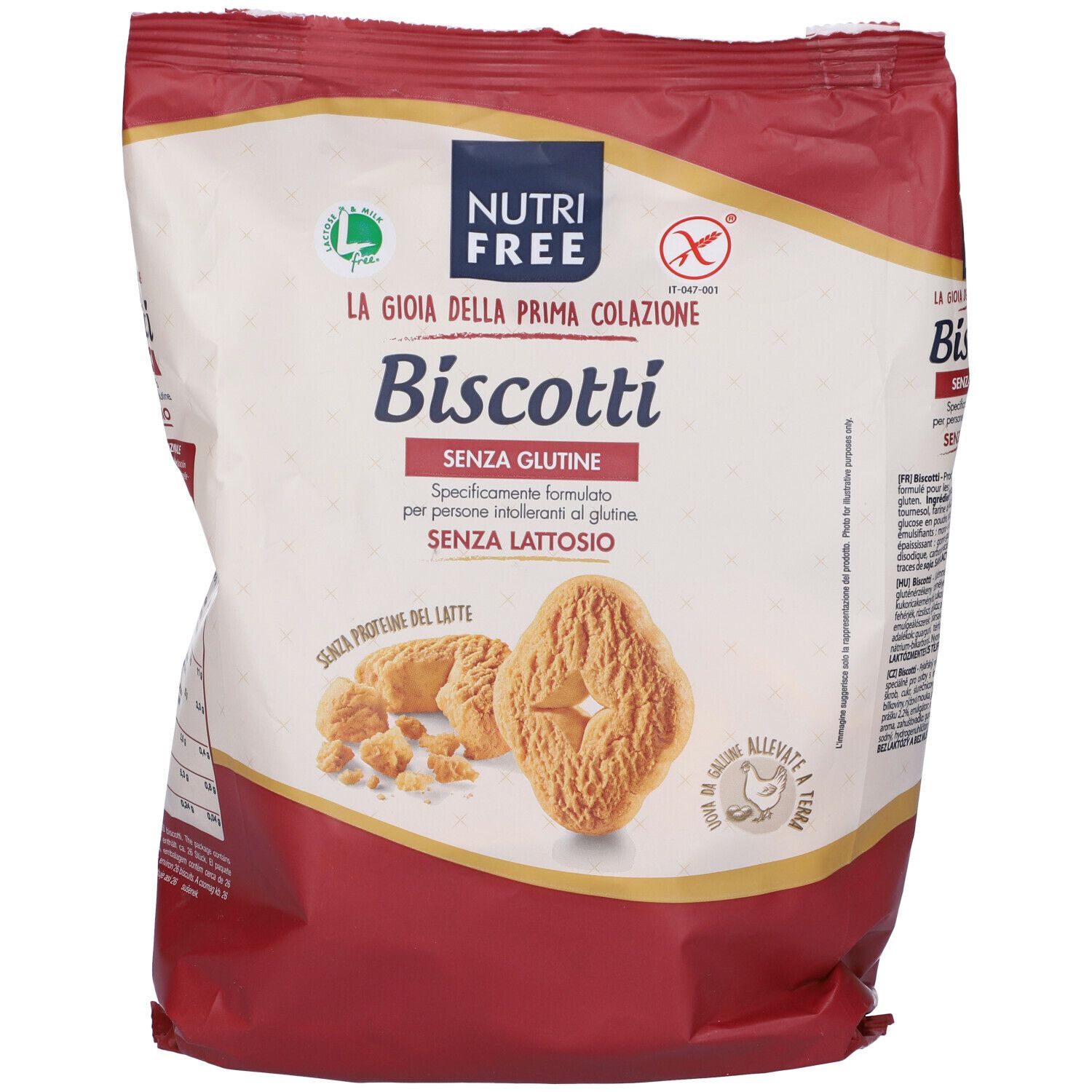 Confezione di "Nutrifree Biscotti". Senza glutine, senza lattosio. Biscotti raffigurati.