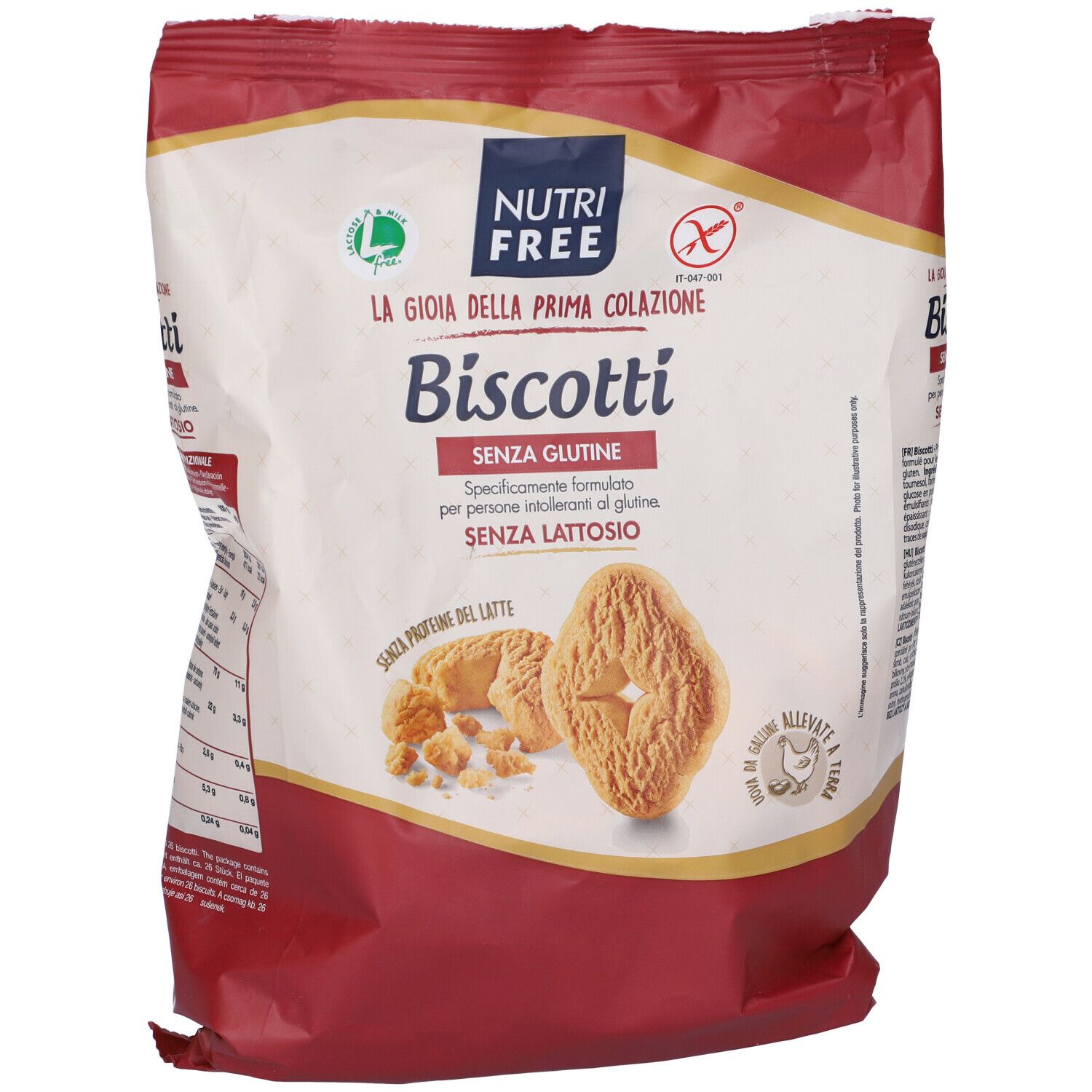 Confezione di "Nutrifree Biscotti". Senza glutine, senza lattosio. Biscotti raffigurati.
