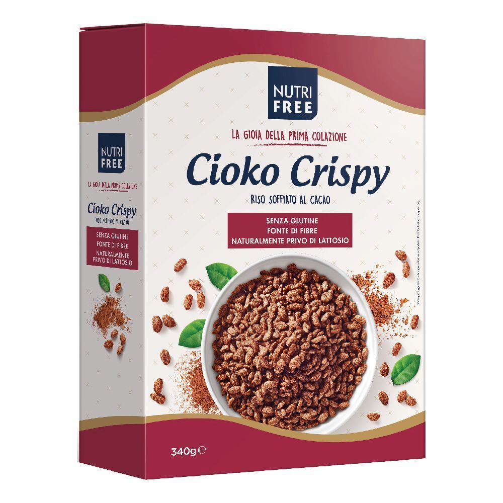 Scatola di Cioko Crispy. Scritte: Nutrifree, Cioko Crispy, riso soffiato al cacao, senza glutine, fonte di fibre, senza lattosio. 340g.