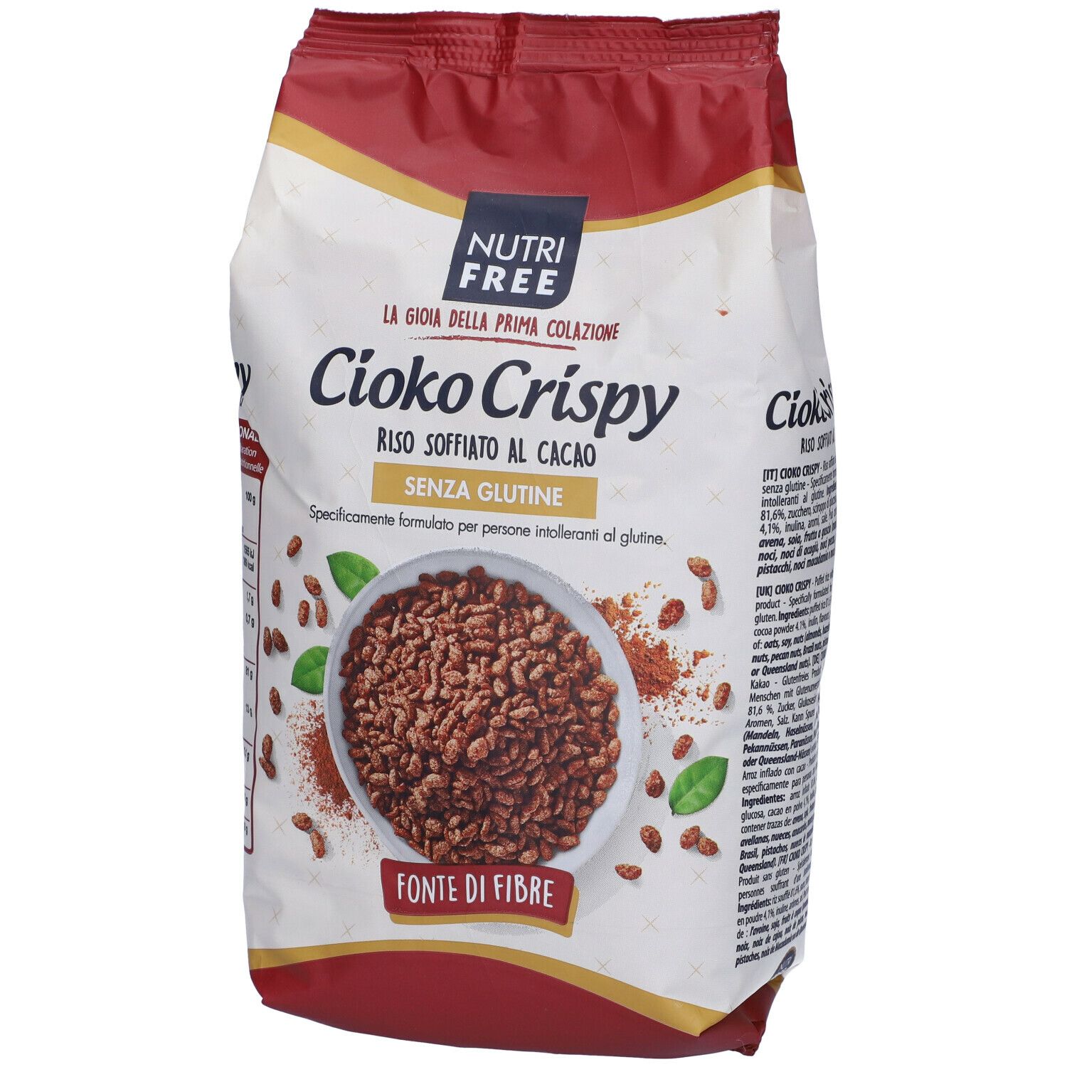 Sacchetto di Cioko Crispy. Scritte: Nutrifree, Cioko Crispy, riso soffiato al cacao, senza glutine, fonte di fibre. Immagine del prodotto. Testo italiano.