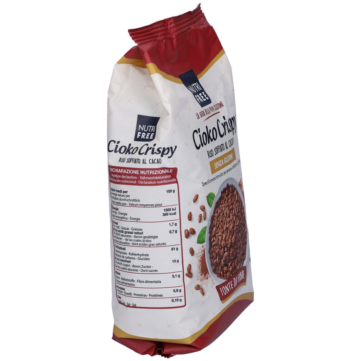 Sacchetto di Cioko Crispy. Scritte: Nutrifree, Cioko Crispy, riso soffiato al cacao, senza glutine, fonte di fibre. Immagine del prodotto. Testo italiano.