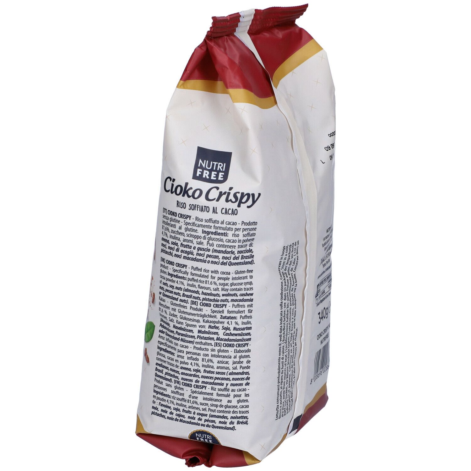 Vista laterale del sacchetto Cioko Crispy. Scritte: Nutrifree, Cioko Crispy, riso soffiato al cacao, senza glutine, fonte di fibre. Testo in italiano.