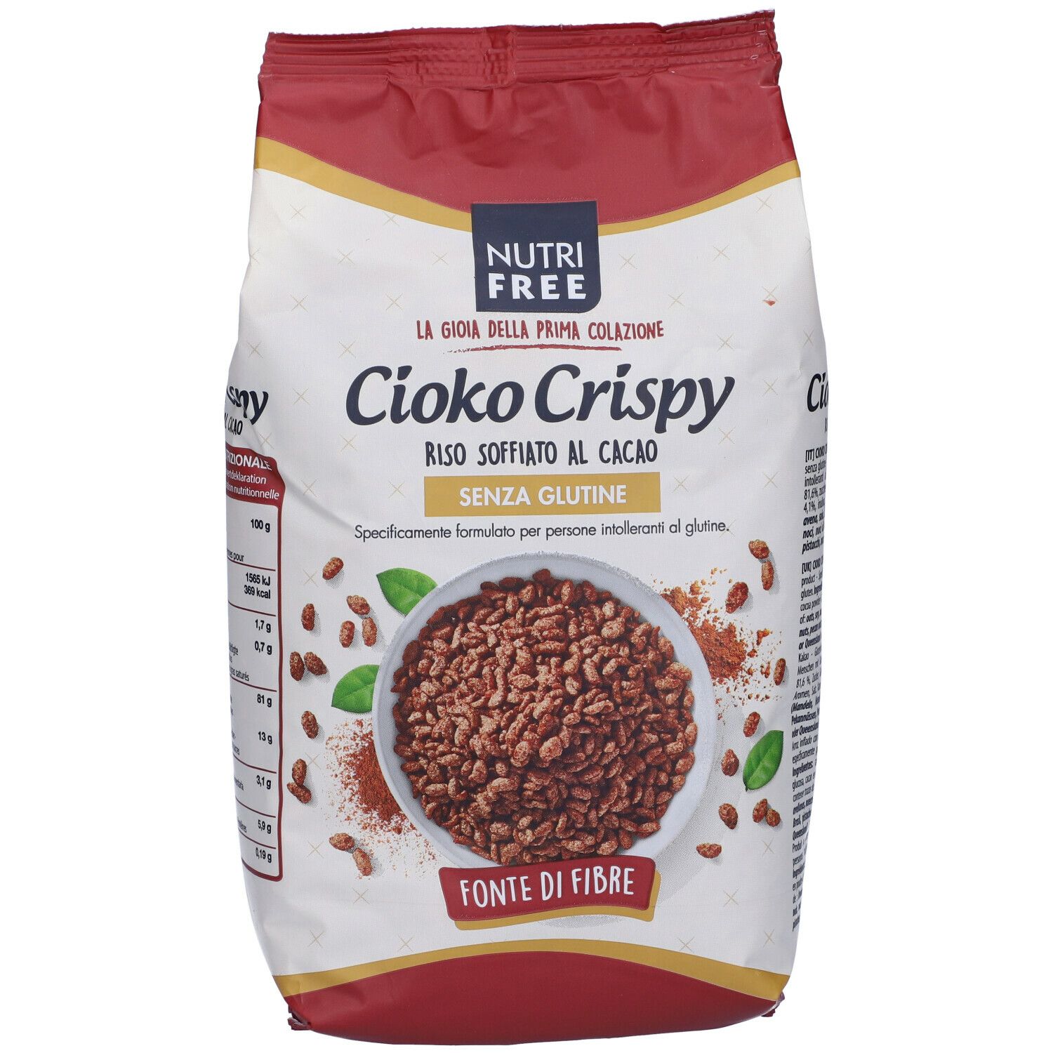 Sacchetto di Cioko Crispy. Scritte: Nutrifree, Cioko Crispy, riso soffiato al cacao, senza glutine, fonte di fibre. Immagine del prodotto. Testo italiano.