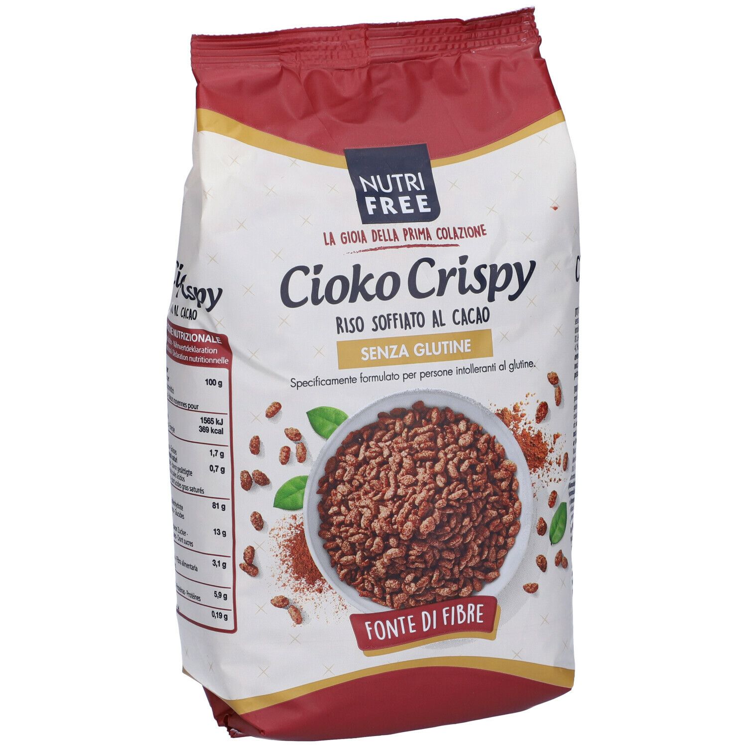 Sacchetto di Cioko Crispy. Scritte: Nutrifree, Cioko Crispy, riso soffiato al cacao, senza glutine, fonte di fibre. Immagine del prodotto. Testo italiano.