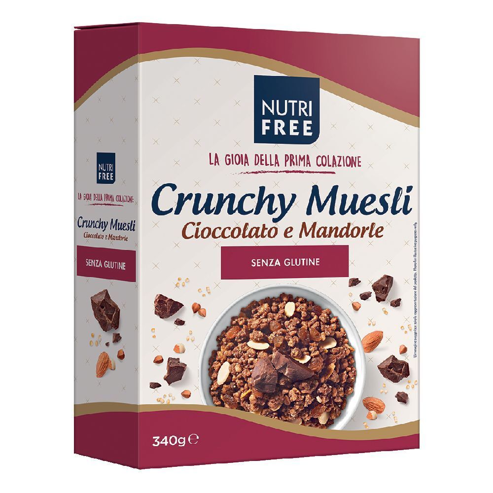 Confezione di Crunchy Muesli Cioccolato e Mandorle. Senza glutine. Immagine di muesli, cioccolato e mandorle.