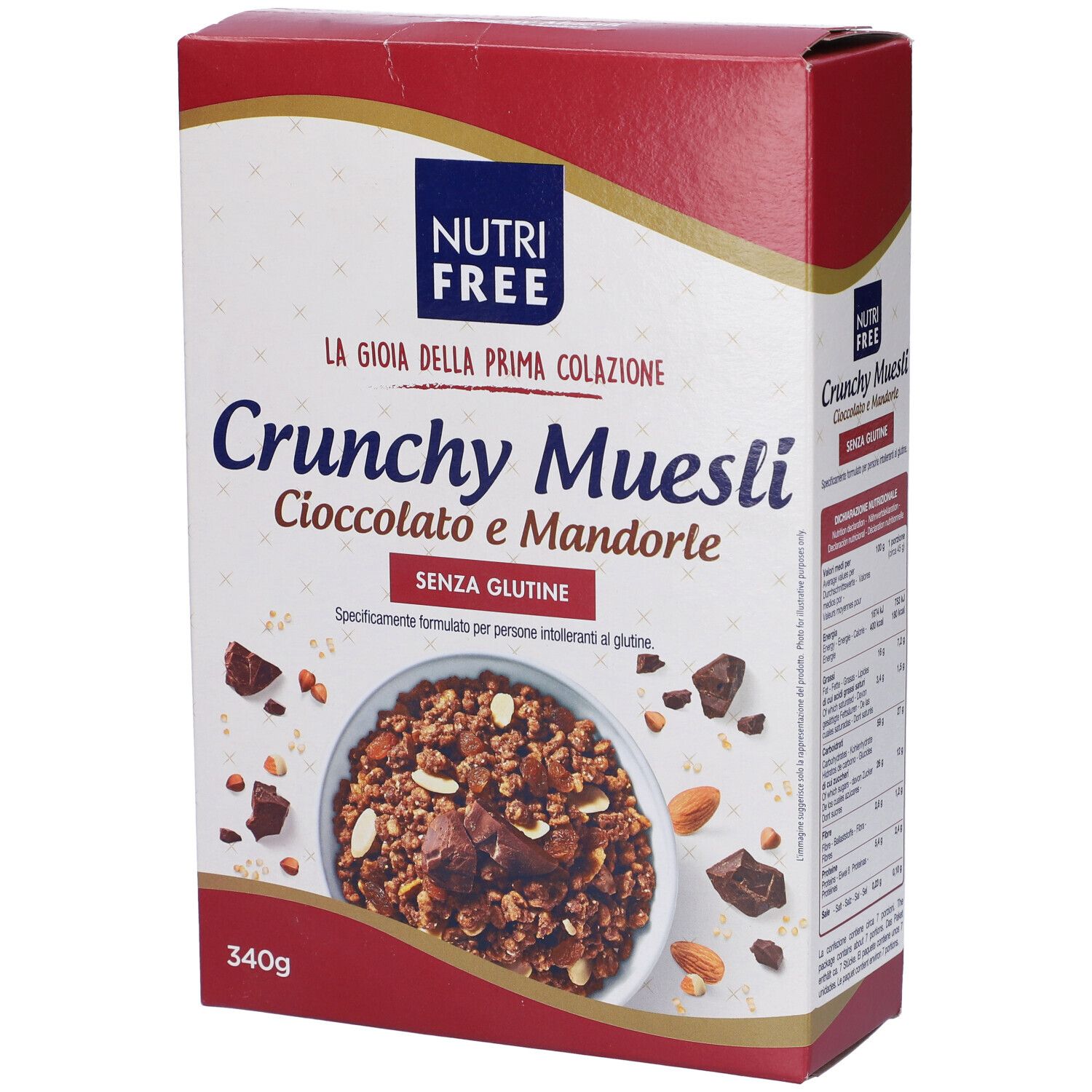 Confezione di Crunchy Muesli Cioccolato e Mandorle. Senza glutine. Immagine del prodotto con testo e ingredienti.