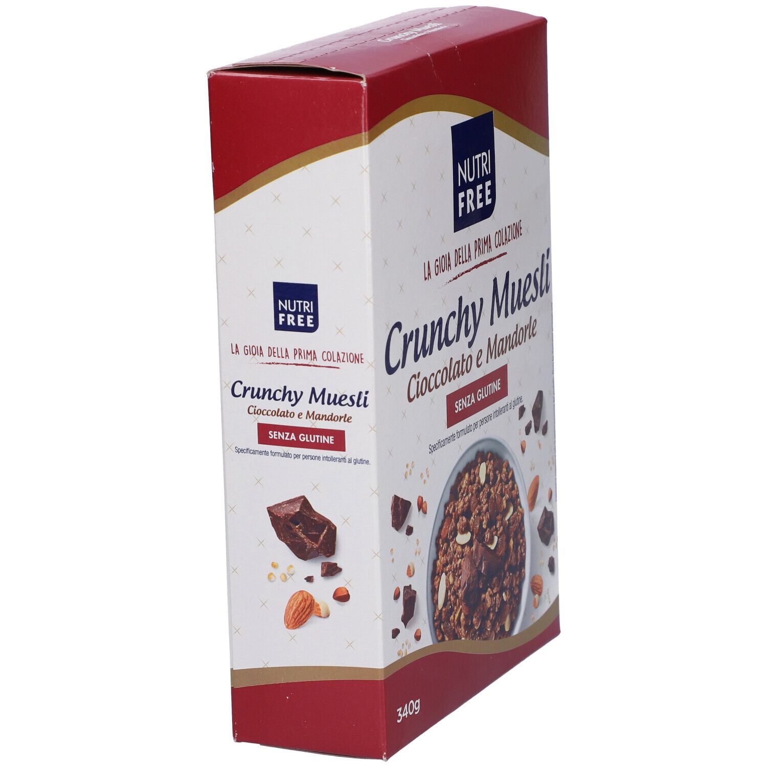 Confezione di Crunchy Muesli Cioccolato e Mandorle. Senza glutine. Vista laterale con nome e testo del prodotto.