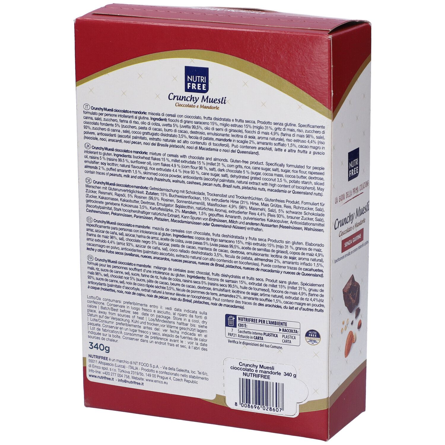 Retro della confezione di Crunchy Muesli Cioccolato e Mandorle. Testo, ingredienti, informazioni nutrizionali.