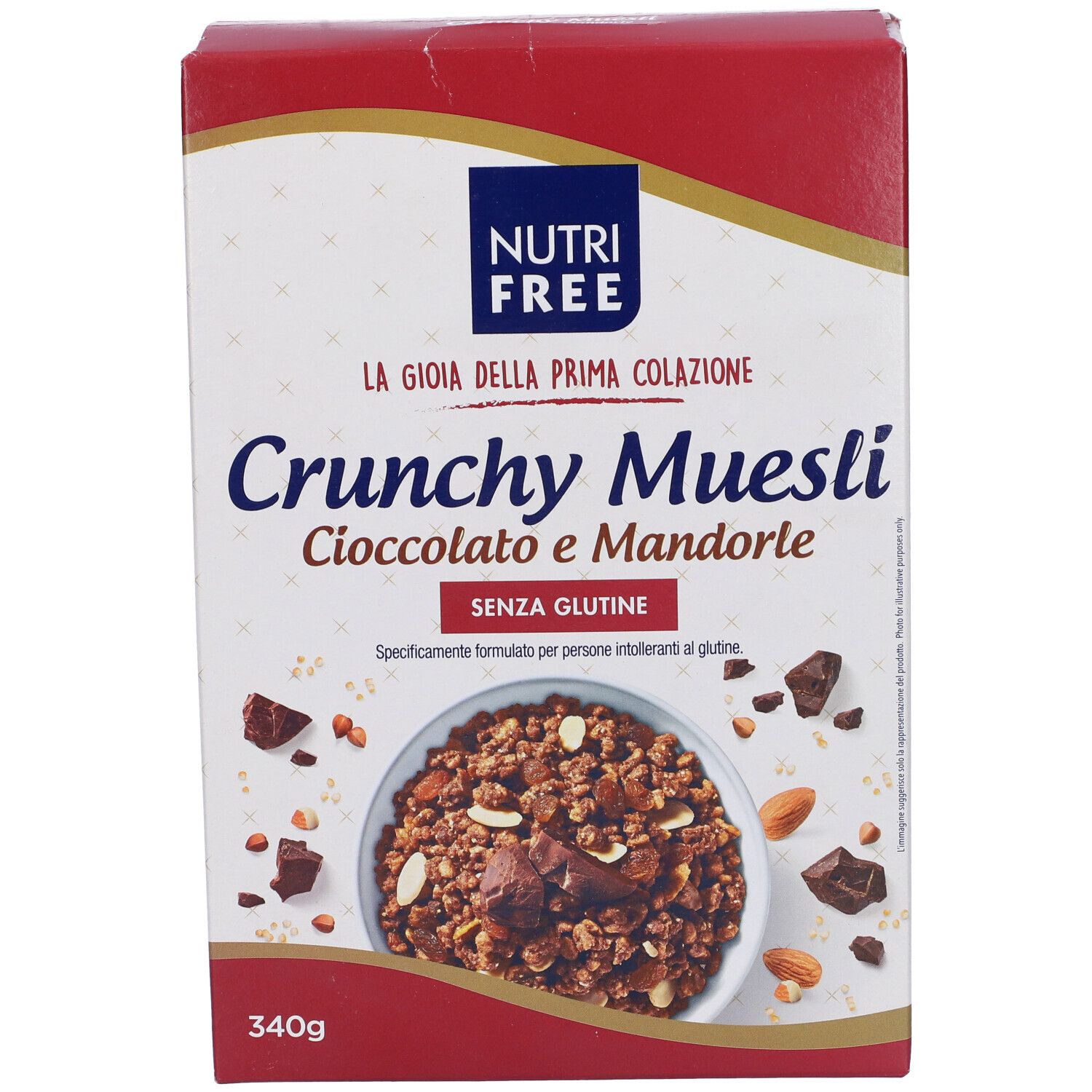 Confezione di Crunchy Muesli Cioccolato e Mandorle. Senza glutine. Immagine del prodotto con muesli, cioccolato e mandorle.