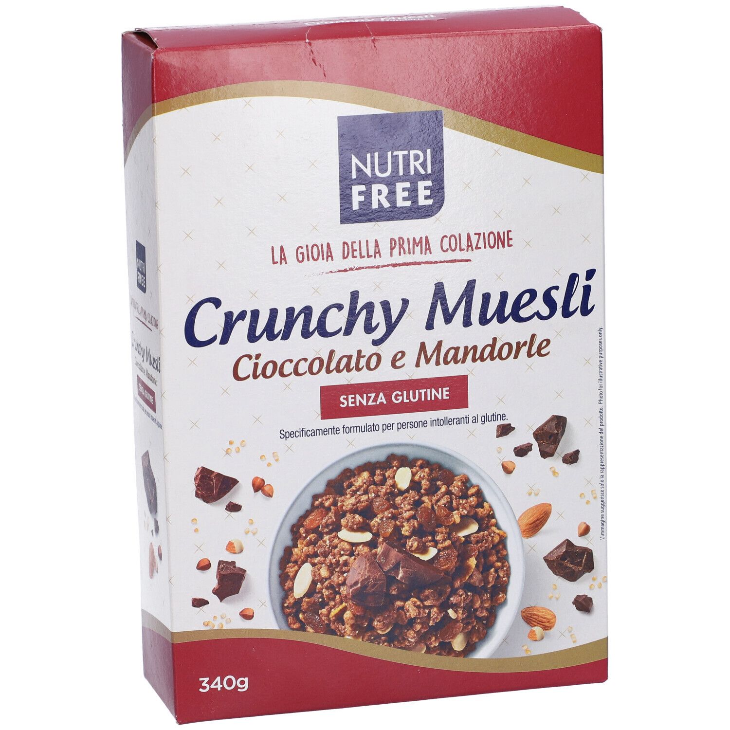 Confezione di Crunchy Muesli Cioccolato e Mandorle. Senza glutine. Immagine del prodotto con muesli, cioccolato e mandorle.