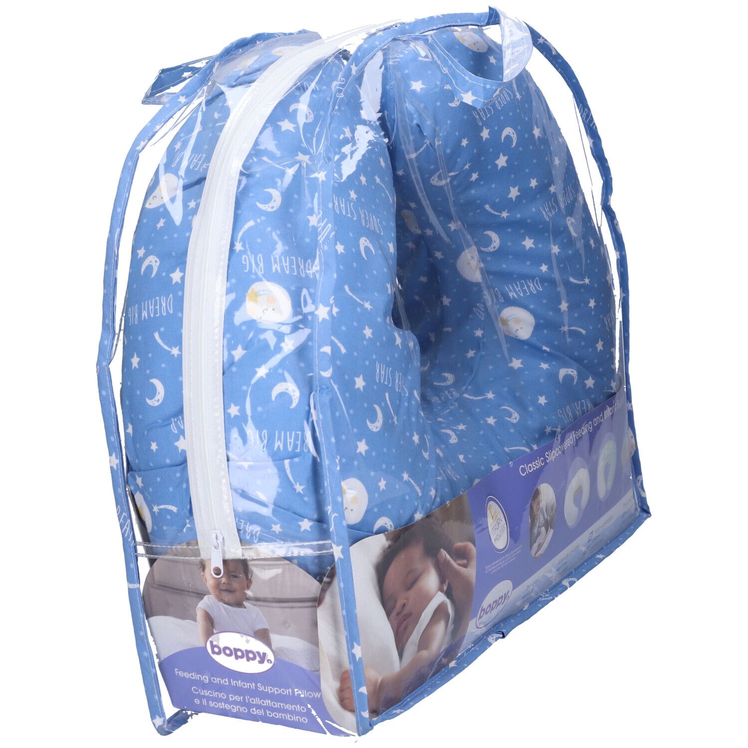 Cuscino allattamento blu con stelle, confezionato. Cerniera. Marchio Boppy. Scritta: Classic Slipcovered Feeding and Infant Support Pillow.