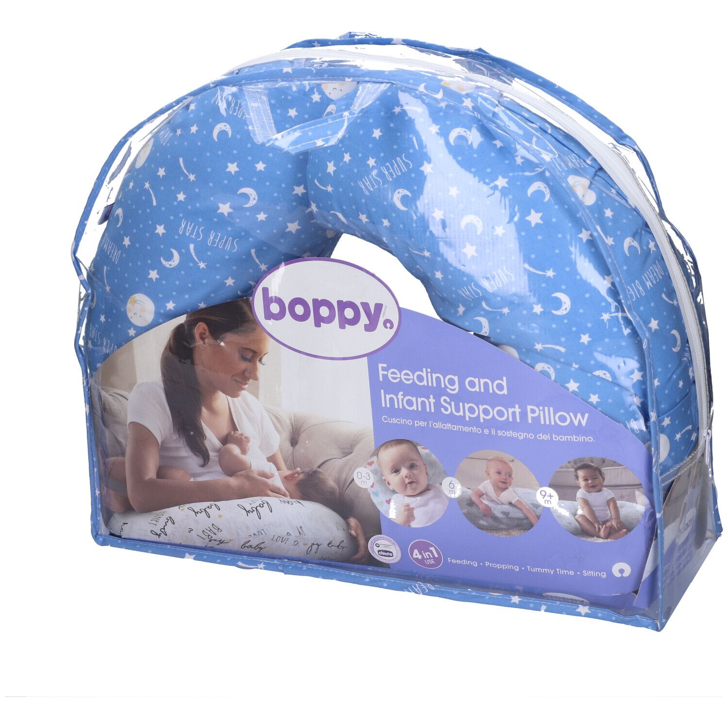 Cuscino allattamento blu con stelle, confezionato. Marchio Boppy. Scritta: Feeding and Infant Support Pillow. Immagini di neonati.