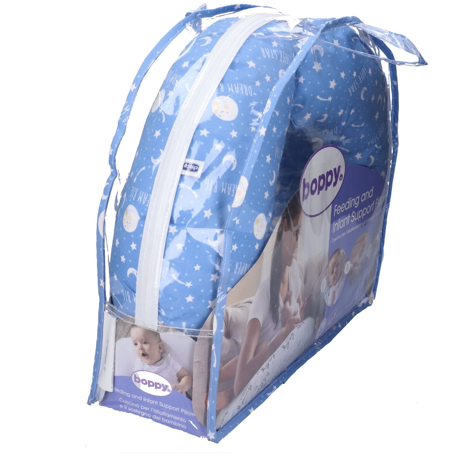 Cuscino allattamento blu con stelle, confezionato. Cerniera. Marchio Boppy. Scritta: Feeding and Infant Support Pillow.