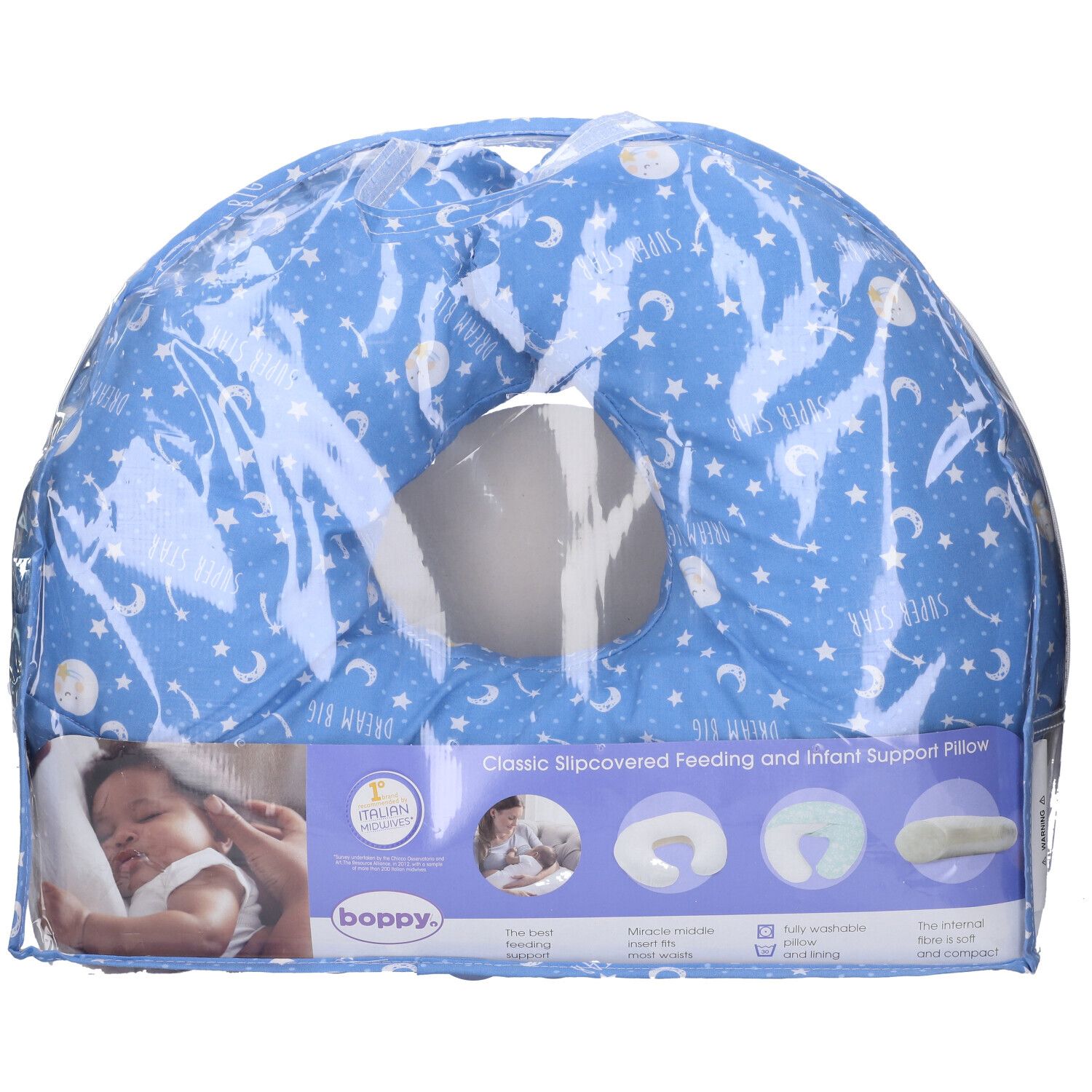 Cuscino allattamento blu con stelle, confezionato. Marchio Boppy. Scritta: Classic Slipcovered Feeding and Infant Support Pillow. Immagini.