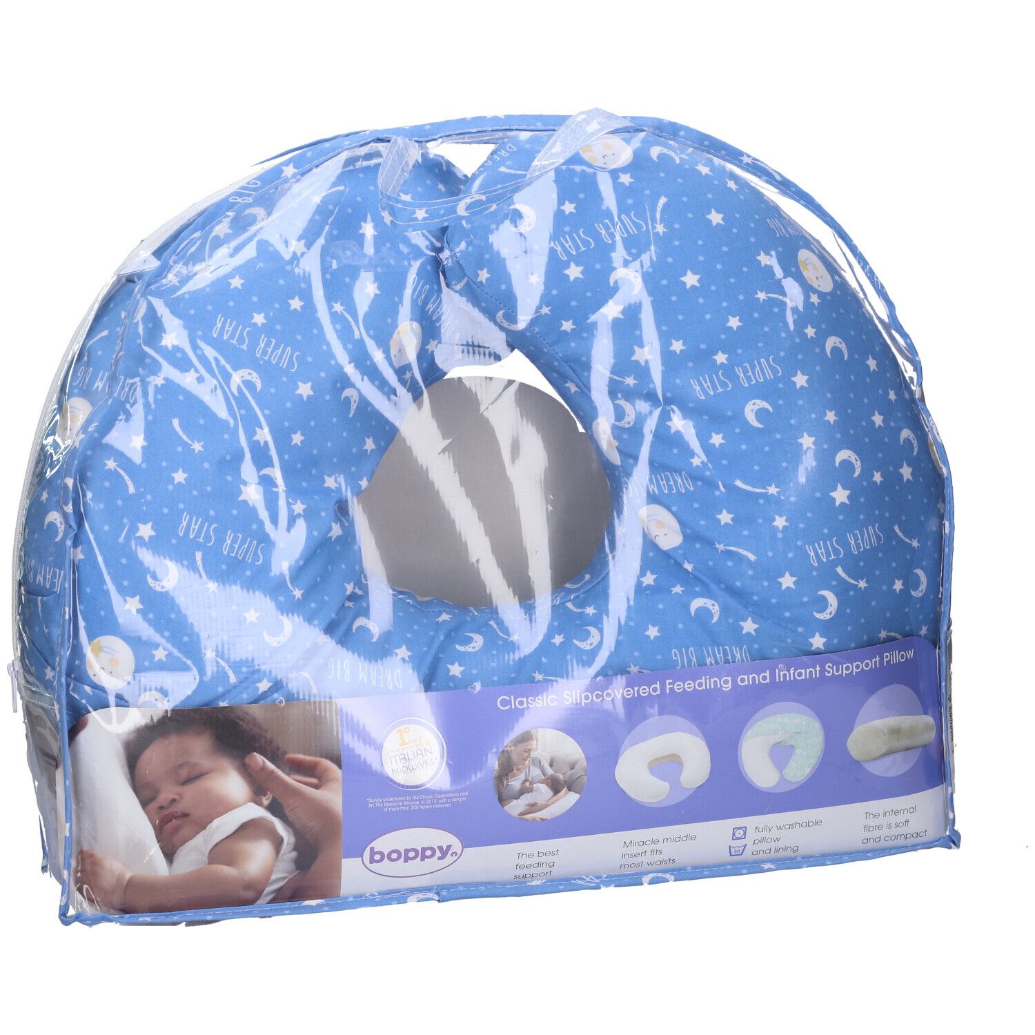 Cuscino allattamento blu con stelle, confezionato. Marchio Boppy. Scritta: Classic Slipcovered Feeding and Infant Support Pillow. Immagini.