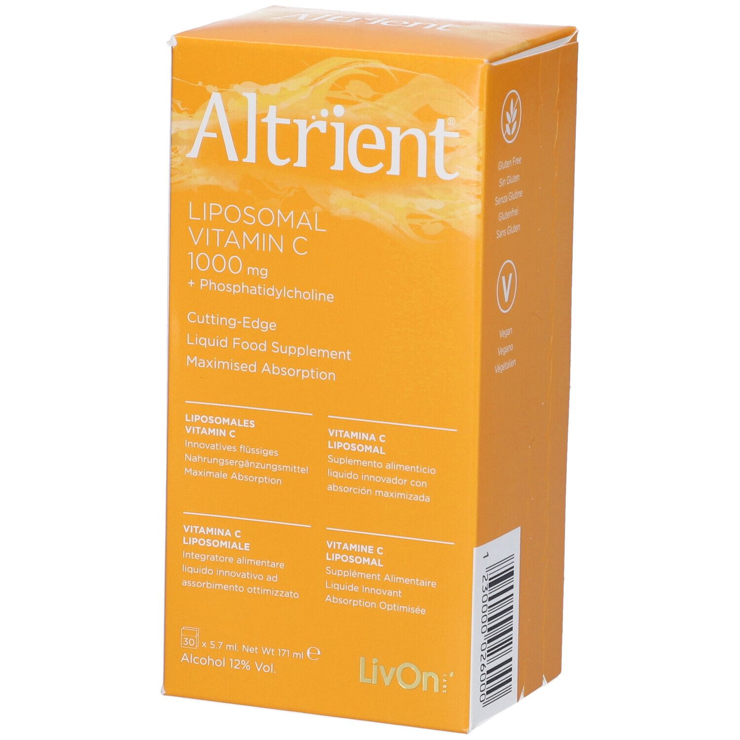 Scatola gialla "Altrient Liposomal Vitamin C 1000 mg". Testo in tedesco, inglese, spagnolo e italiano. Logo "LivOn".