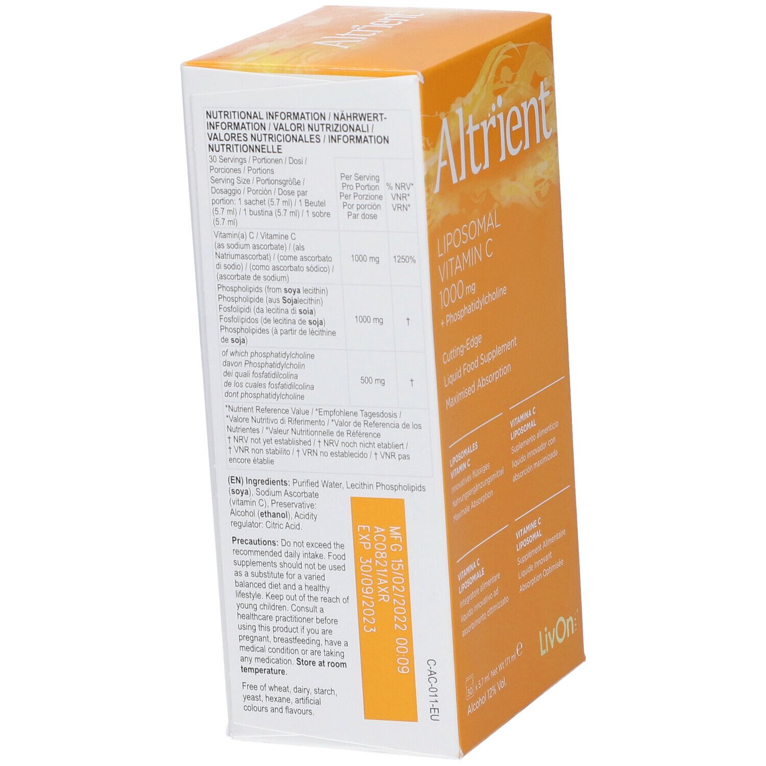 Scatola gialla "Altrient Liposomal Vitamin C 1000 mg". Informazioni nutrizionali e ingredienti. Testo multilingue.