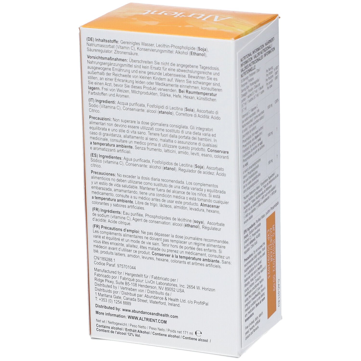 Scatola gialla con testo multilingue. Contiene ingredienti e precauzioni. Logo "Altrient".