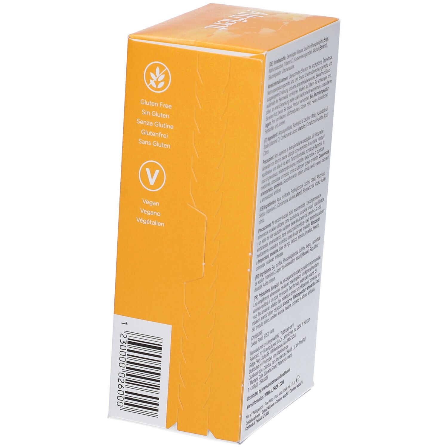 Scatola gialla con sigilli senza glutine e vegani. Codice a barre e testo multilingue. Logo "Altrient".