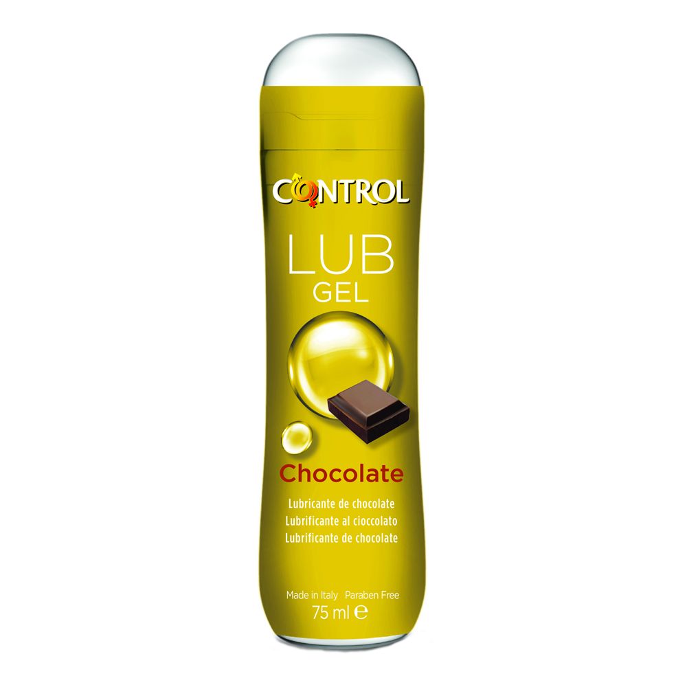 Gel-Gleitmittel in gelber Flasche. Aufschrift: Control Lub Gel Chocolate. Mit Schokoladen- und Flüssigkeit-Illustrationen. 75 ml.