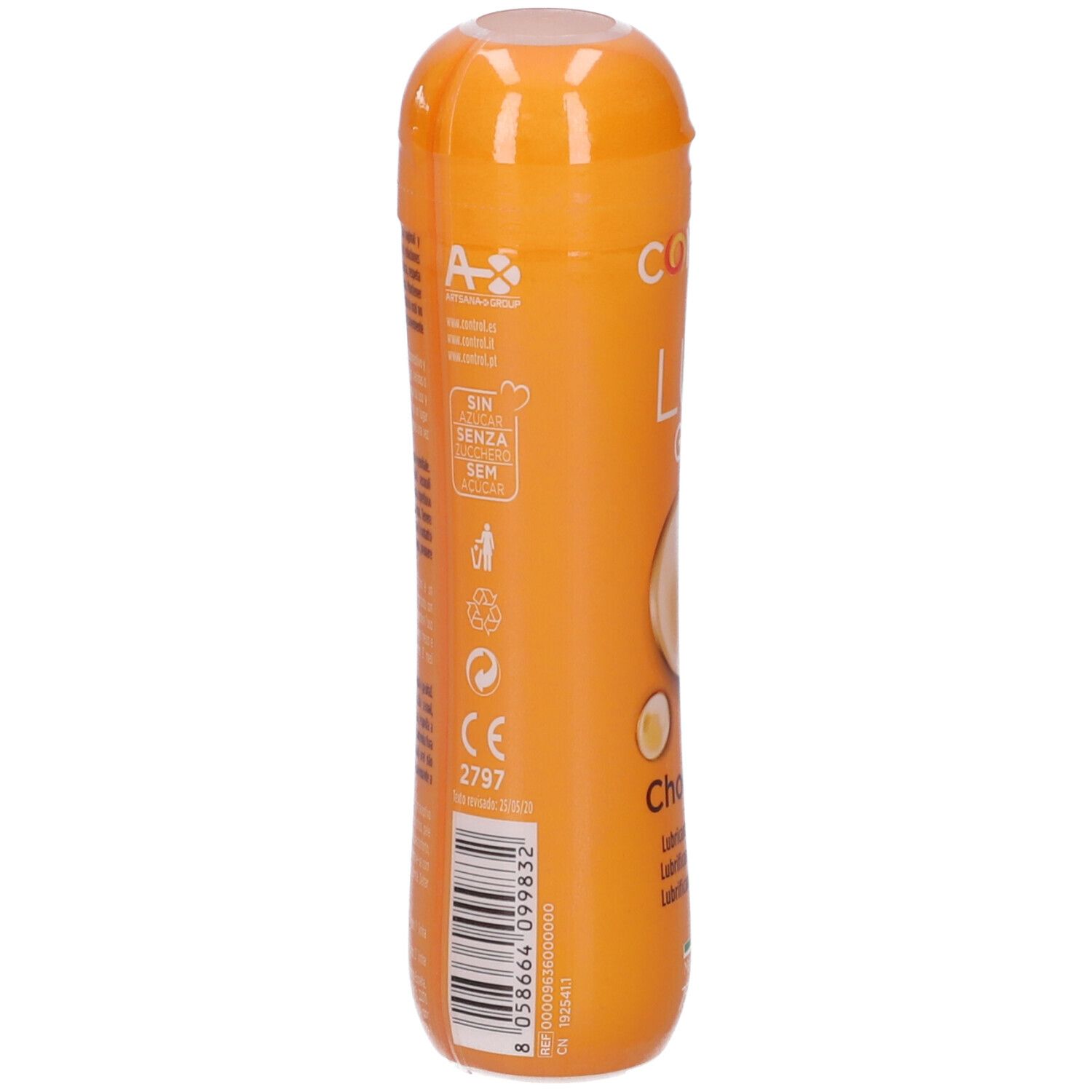 Rückseite einer orangefarbenen Gleitmittelflasche. Text und Symbole, darunter CE-Kennzeichnung und Recycling-Logo. 75 ml.