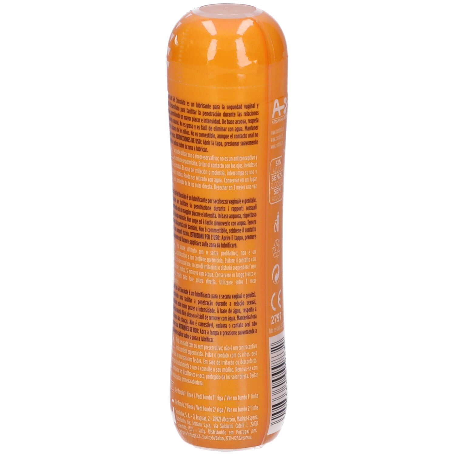 Rückseite einer orangefarbenen Gleitmittelflasche. Text, Symbole und CE-Kennzeichnung. 75 ml.