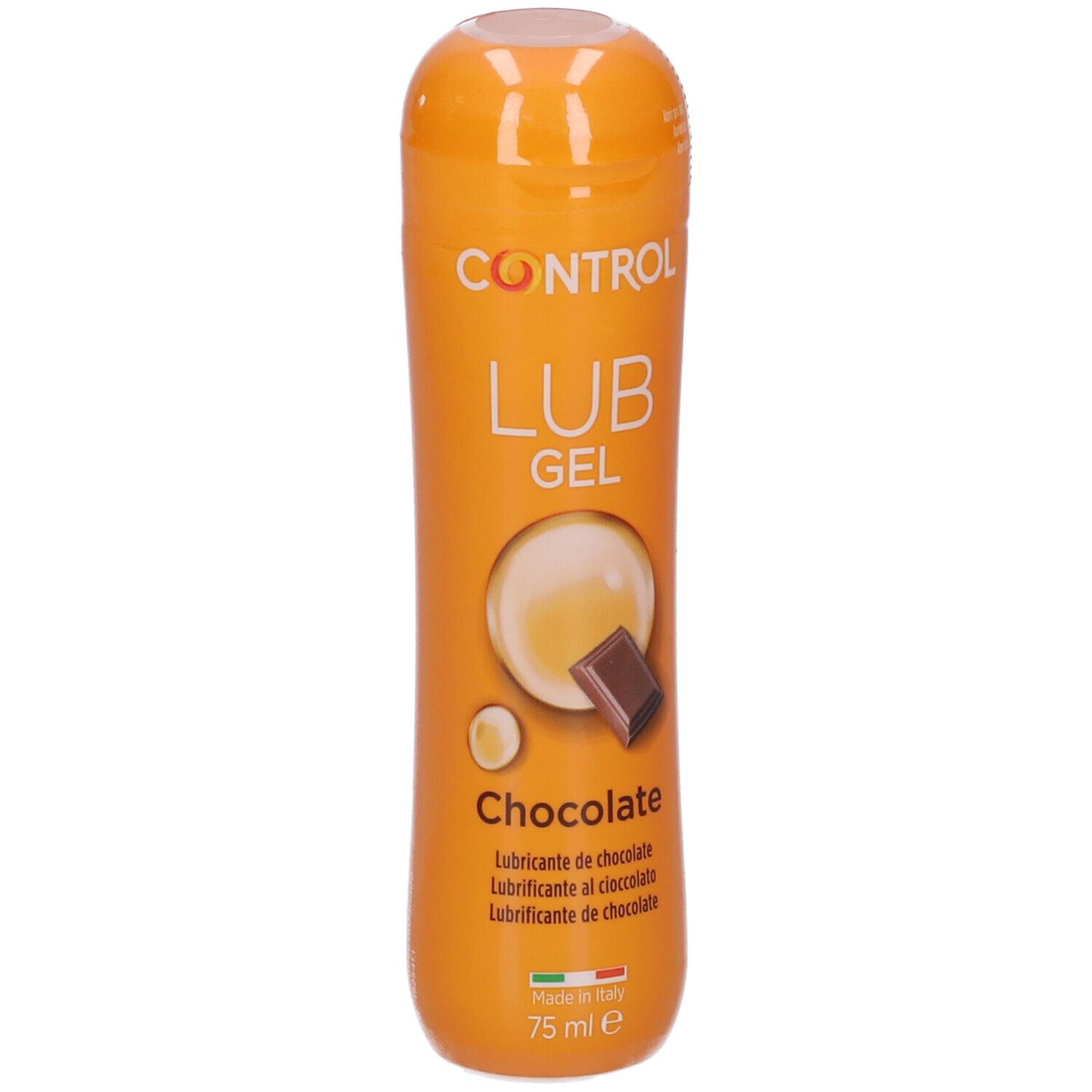 Gleitmittel in orangefarbener Flasche. Aufschrift: Control Lub Gel Chocolate. Mit Schokoladen- und Flüssigkeit-Illustrationen. 75 ml.