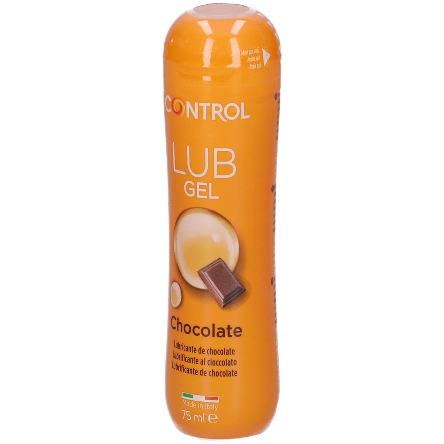Gleitmittel in orangefarbener Flasche. Aufschrift: Control Lub Gel Chocolate. Mit Schokoladen- und Flüssigkeit-Illustrationen. 75 ml.