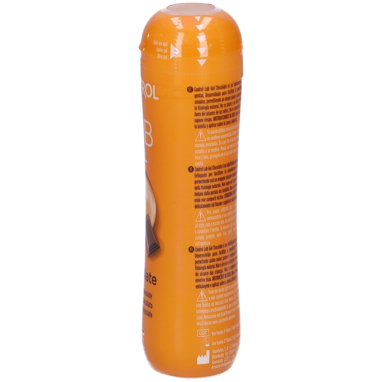 Rückseite einer orangefarbenen Gleitmittelflasche. Text, Warnhinweise und Symbole. 75 ml.