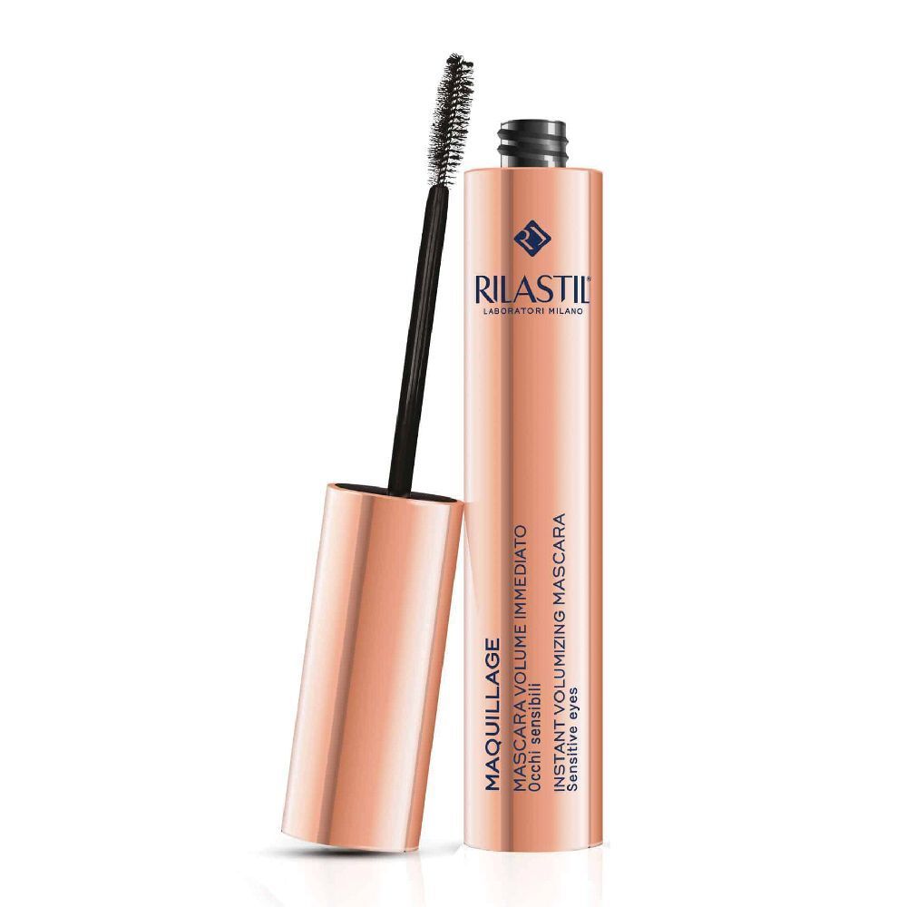 Flacone mascara rosa dorato con applicatore. Scritta Rilastil. Applicatore nero.