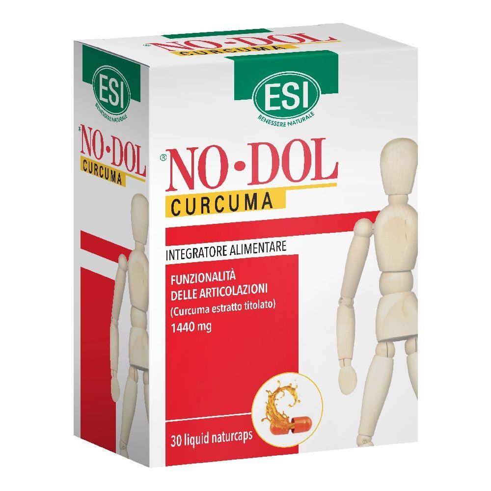 Scatola bianca con design rosso e verde. Testo: NO•DOL Curcuma, logo ESI, 30 liquid naturcaps. Illustrazione: capsule.