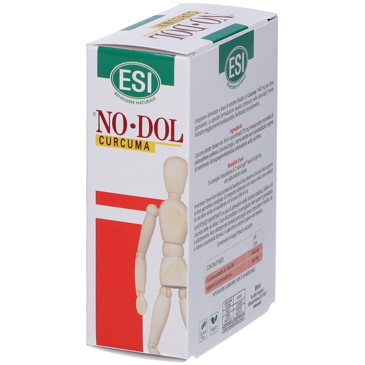 Retro di una scatola bianca con design rosso e verde. Testo: NO•DOL Curcuma, logo ESI, ingredienti, informazioni nutrizionali.