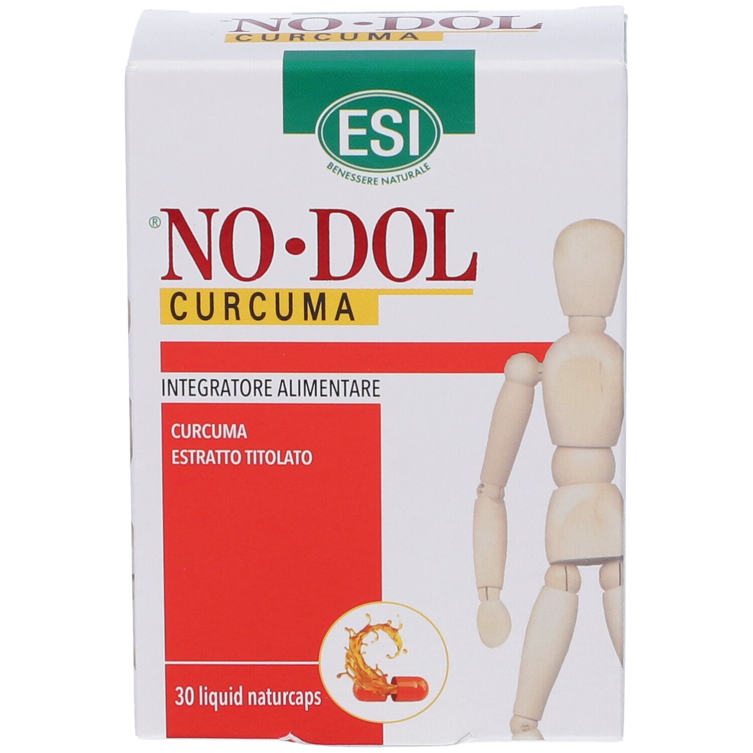 Scatola bianca con design rosso e verde. Testo: NO•DOL Curcuma, logo ESI, 30 liquid naturcaps. Illustrazione: capsule.