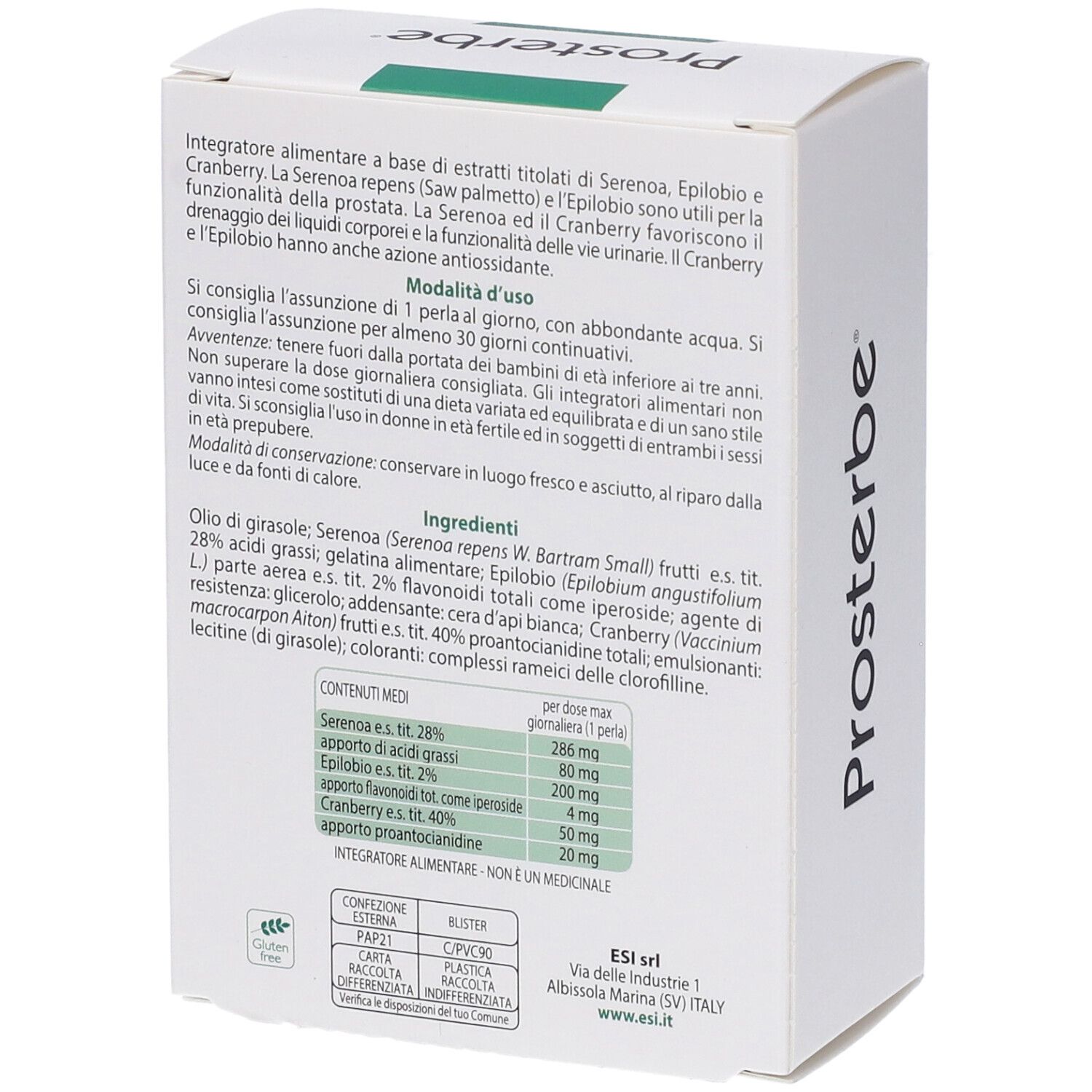 Rückseite der weißen Schachtel. Text in italienischer Sprache. Inhaltsstoffe und Nährwertangaben. ESI-Logo. QR-Code.