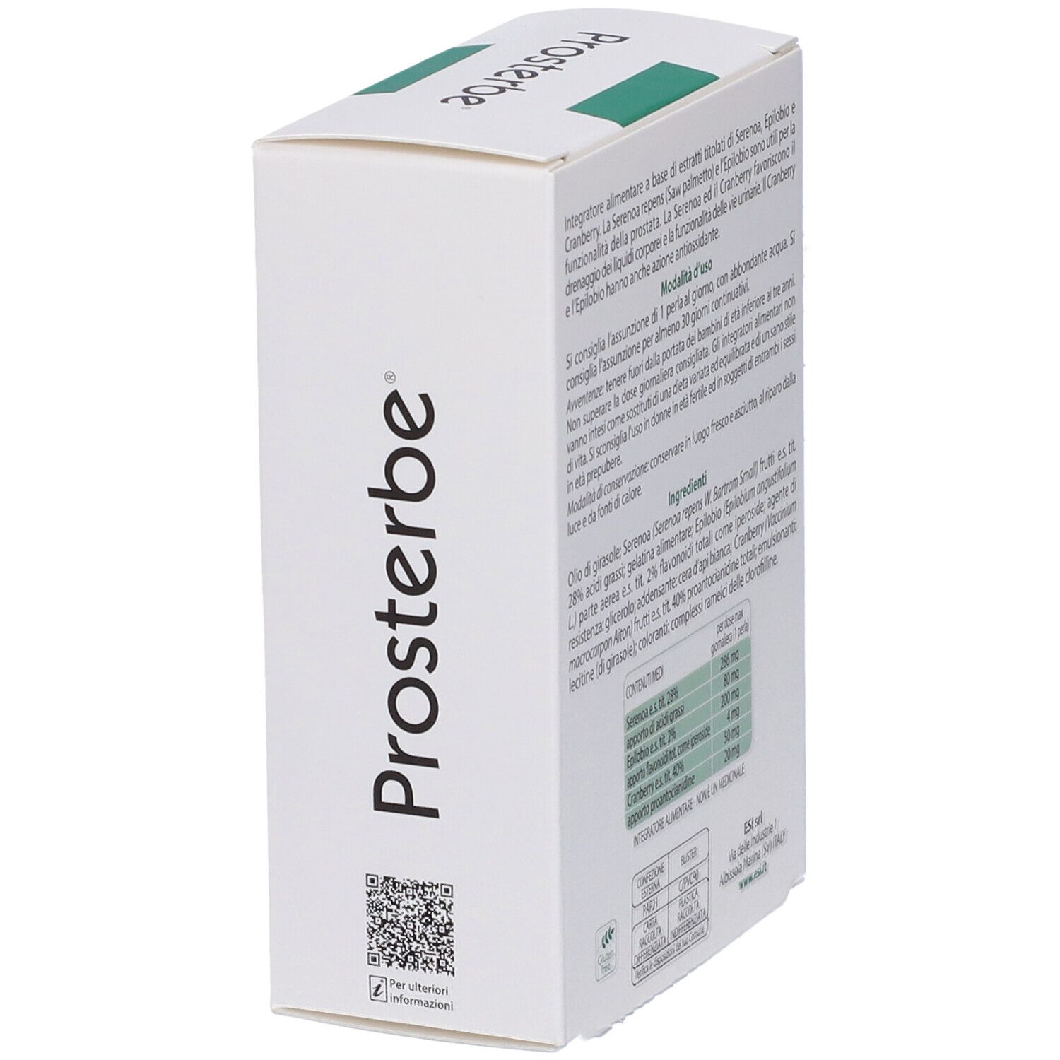 Weiße Schachtel, schräg von der Seite gesehen. Produktname Prosterbe. QR-Code. Text in italienischer Sprache.