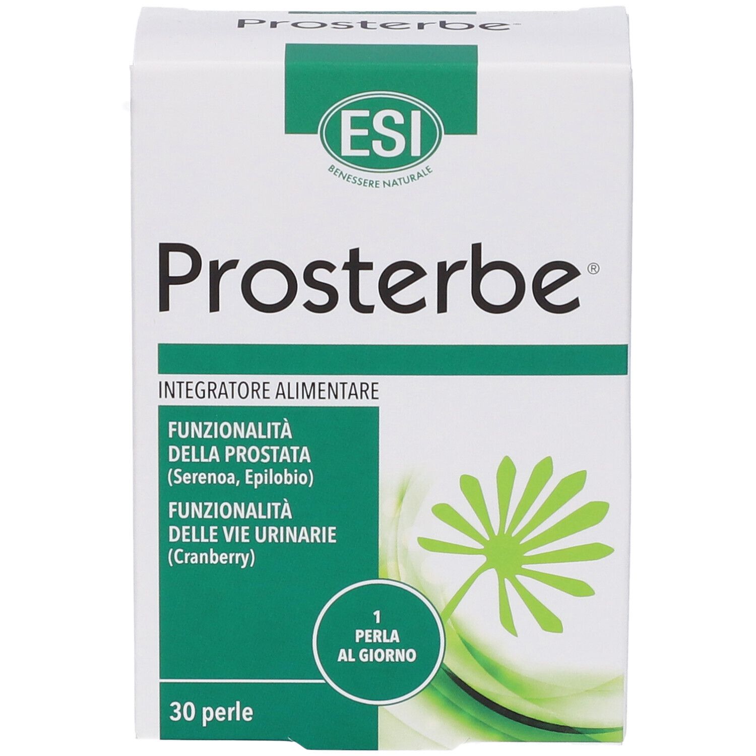 Weiße Schachtel mit grünem Streifen und Produktnamen Prosterbe. ESI-Logo. Text: Integratore Alimentare, 30 Perle.